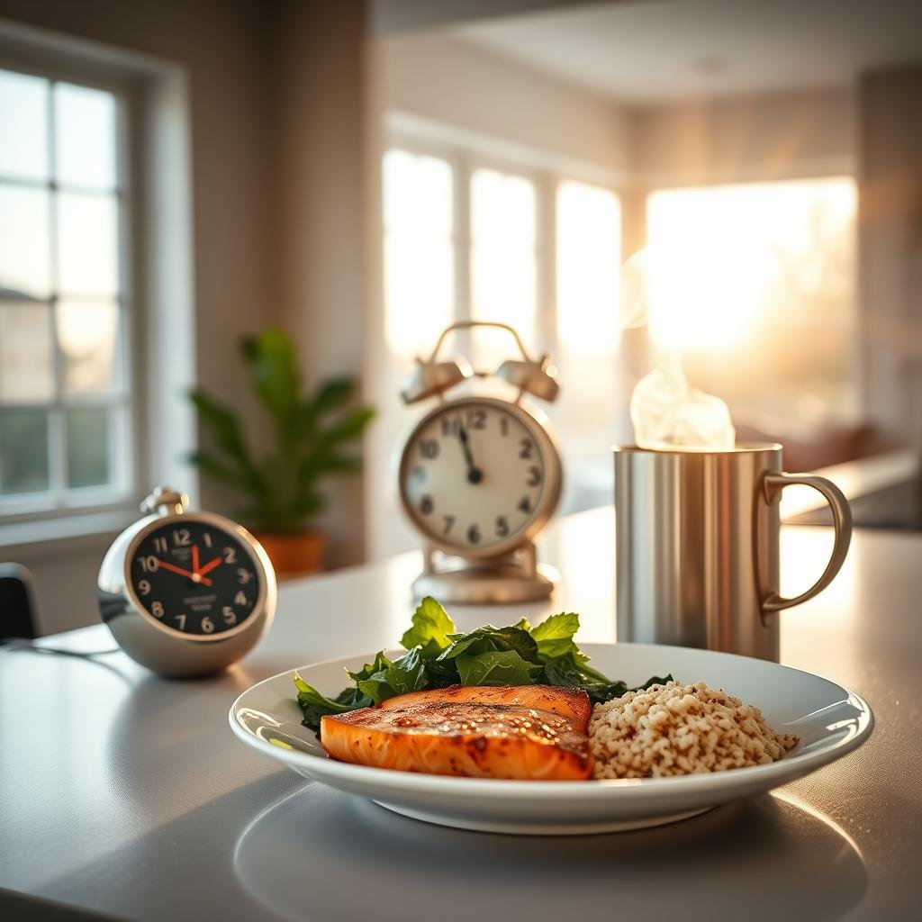 A beautifully lit scene of a modern, minimalist kitchen counter. In the foreground, a crisp white plate holds a balanced meal - grilled salmon, steamed greens, and quinoa. Alongside it, a sleek steel mug of freshly brewed coffee emits wisps of fragrant steam. The middle ground features a retro-style kitchen timer, its hands ticking away, symbolizing the careful timing of meals and caffeine intake. In the background, sunlight streams through large windows, casting a warm, inviting glow over the scene. The overall atmosphere is one of intentionality, wellness, and a soothing sense of control over one's daily rhythms.