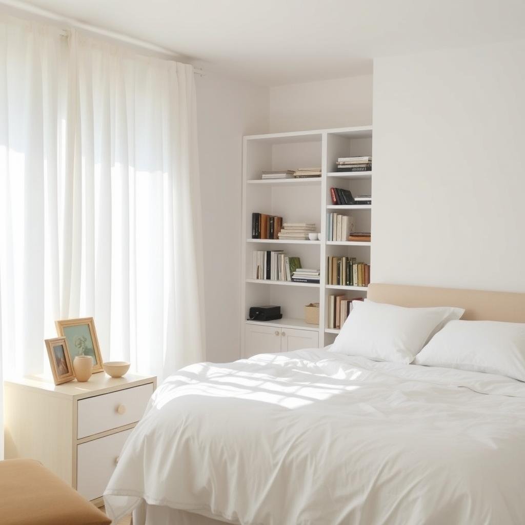 A bright, airy bedroom with decluttered surfaces and organized shelves. Soft natural light filters through sheer curtains, casting a gentle glow. On the nightstand, a few carefully selected decor pieces stand out against the clean, minimal aesthetic. In the corner, a neatly arranged bookshelf displays a curated collection of books and trinkets. The bed is made with crisp, white linens, and the overall atmosphere evokes a sense of calm and tranquility. An open floor plan allows for easy movement, emphasizing the uncluttered, spacious feel of the room.