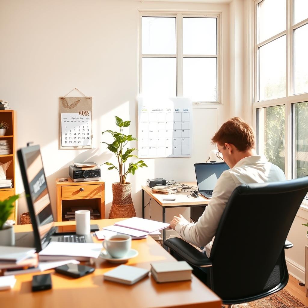 A bright, airy home office with natural light streaming through large windows. In the foreground, a person sitting at a desk, struggling to stay focused, surrounded by distractions like a phone, a cup of coffee, and a messy workspace. In the middle ground, a calendar on the wall serving as a subtle reminder of deadlines and responsibilities. The background features soothing earthy tones, with a plant and a minimalist wall art piece, conveying a sense of calm and balance. The overall scene evokes the feeling of trying to overcome the common morning pitfalls that can hinder productivity, with a focus on creating an environment conducive to a productive start to the day. A bright, airy home office with natural light streaming through large windows. In the foreground, a person sitting at a desk, struggling to stay focused, surrounded by distractions like a phone, a cup of coffee, and a messy workspace. In the middle ground, a calendar on the wall serving as a subtle reminder of deadlines and responsibilities. The background features soothing earthy tones, with a plant and a minimalist wall art piece, conveying a sense of calm and balance. The overall scene evokes the feeling of trying to overcome the common morning pitfalls that can hinder productivity, with a focus on creating an environment conducive to a productive start to the day.