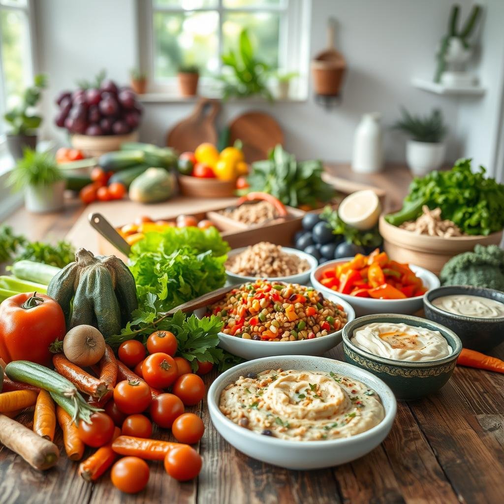 A bright, airy kitchen setting with an assortment of fresh, colorful plant-based dishes artfully arranged on a rustic wooden table. In the foreground, various vibrant vegetables, grains, and legumes are showcased, creating a visually appealing, mouth-watering display. The middle ground features a few prepared meals, such as a hearty vegetable stew, a colorful grain-based salad, and a creamy plant-based dip, all beautifully plated. In the background, lush greenery and soft natural lighting set a calming, nourishing atmosphere, evoking the essence of wholesome, plant-based cuisine. The scene is captured with a wide-angle lens, highlighting the abundance and variety of the delicious plant-based recipes.