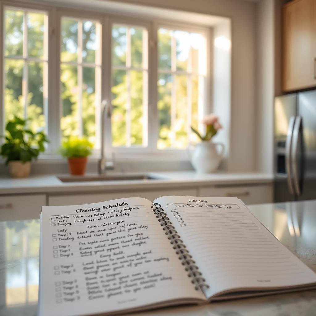 A bright, airy kitchen with a large window overlooking a lush, verdant garden. On the kitchen counter, a detailed daily cleaning schedule is displayed, its pages neatly organized. The schedule is hand-written in a clean, legible script, with various checklists and icons indicating tasks to be completed each day. Natural light streams in, casting a warm glow on the scene. The overall atmosphere is one of order, productivity, and a sense of calm control over the household's daily maintenance. A stainless steel appliance gleams in the background, hinting at a well-equipped, functional space. The image conveys a feeling of a well-designed, meticulously maintained home, where cleaning is a deliberate, manageable process.