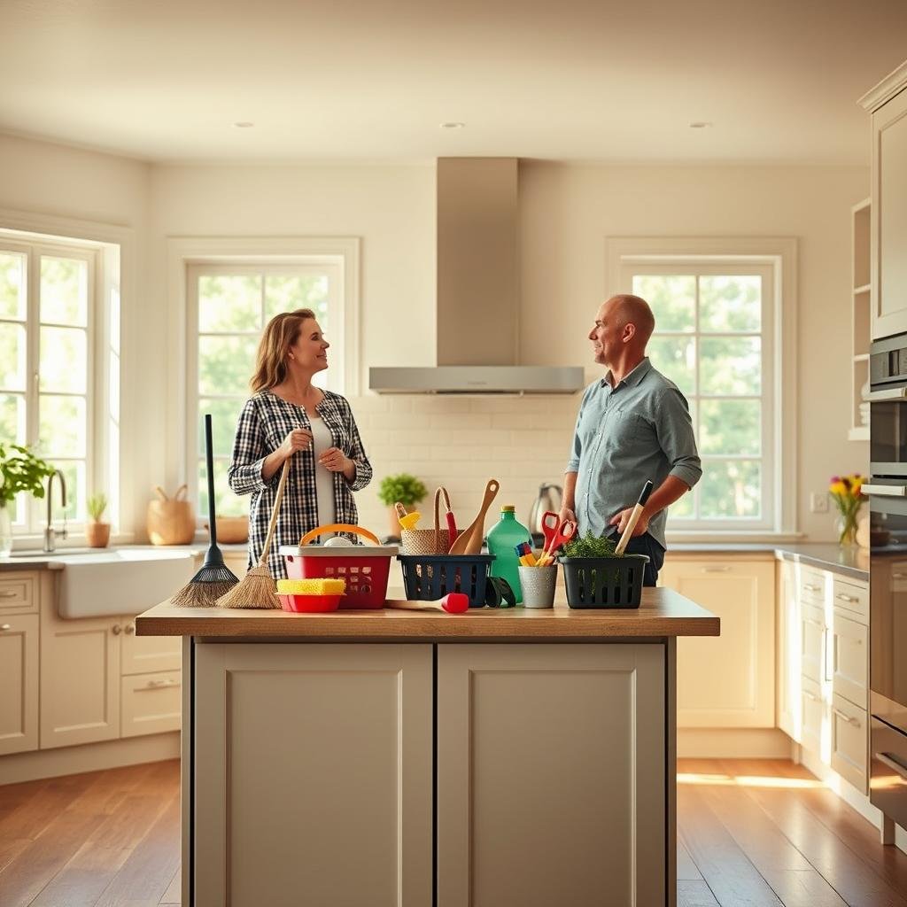 A bright, airy kitchen with a spacious island counter. On the counter, an assortment of household chores are represented by icons - a broom, a sponge, a laundry basket, and gardening tools. Two adults, a man and a woman, stand on either side of the counter, engaged in animated discussion, their body language suggesting an equal, collaborative division of tasks. Soft, warm lighting filters through large windows, casting a serene glow. The mood is one of harmony, efficiency, and shared responsibility.