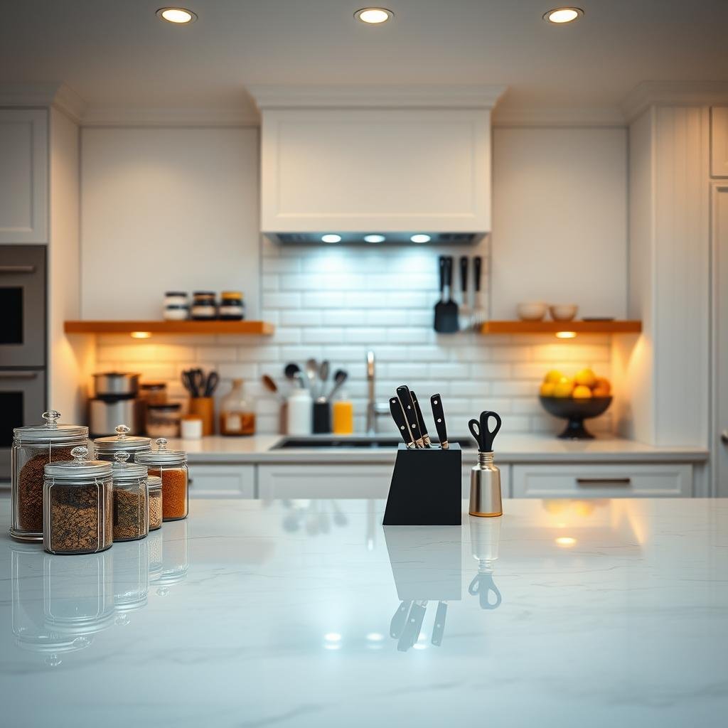 A bright, airy kitchen with pristine, organized countertops. In the foreground, neatly arranged canisters, jars, and spice racks sit atop a gleaming quartz surface. Midsection showcases a collection of meticulously placed cooking utensils, a sleek knife block, and a minimalist fruit bowl. The background features a subway tile backsplash and recessed lighting that casts a warm, inviting glow across the space. The overall composition exudes a sense of order, efficiency, and attention to detail, creating a harmonious "command center" for the heart of the home.