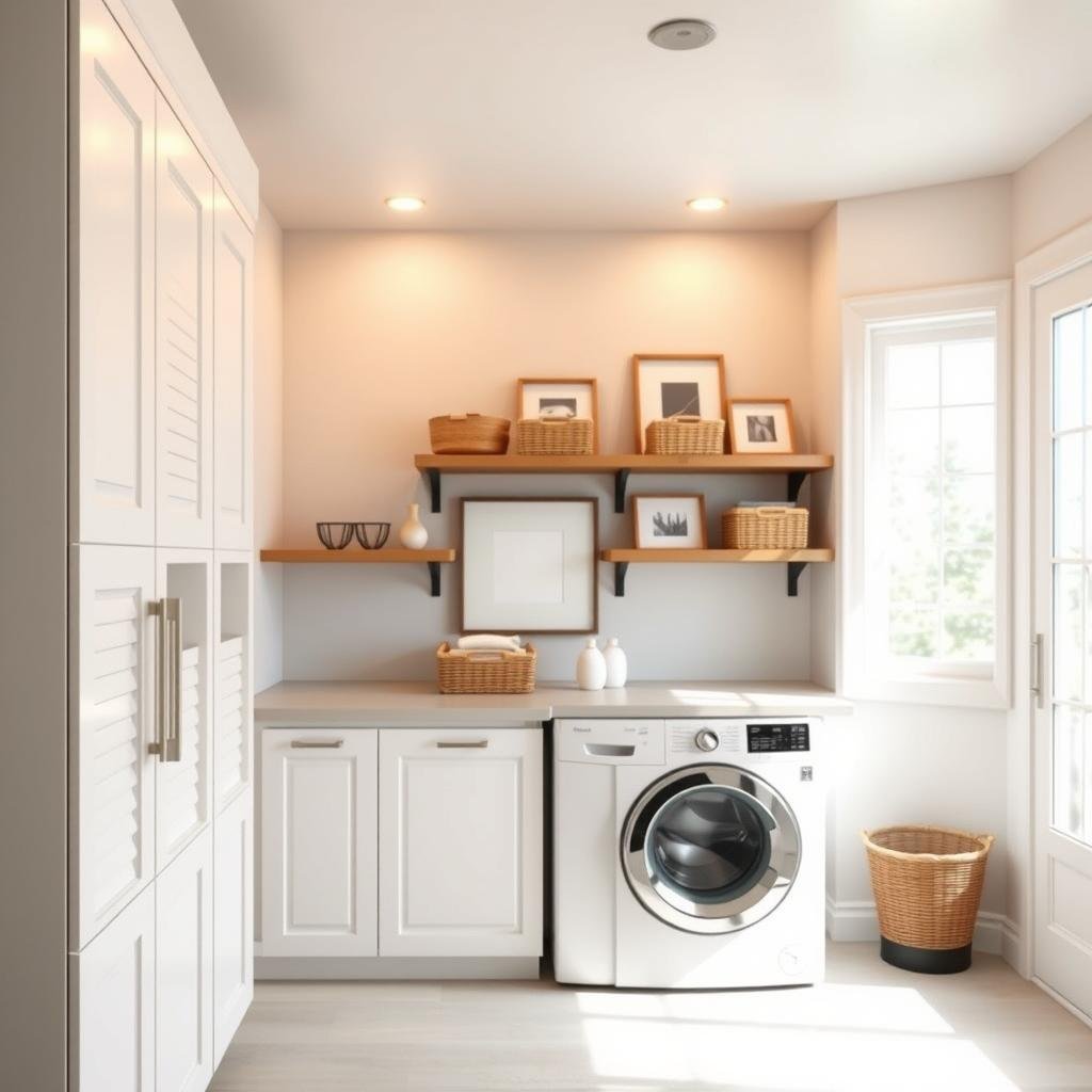 A bright, airy laundry room with a sleek organization system. In the foreground, a crisp white wall-mounted cabinet with recessed handles and adjustable shelves, housing neatly folded linens and cleaning supplies. In the middle ground, a stainless steel washer and dryer set, flanked by floating wood-grain shelves displaying wicker baskets and artful decor pieces. The background features a large window, allowing natural light to flood the space and highlight the clean, minimalist aesthetic. Warm overhead lighting casts a soft glow, creating a serene and inviting atmosphere. The entire layout is thoughtfully designed to maximize efficiency and storage, transforming this utilitarian space into an organized, inspirational haven.