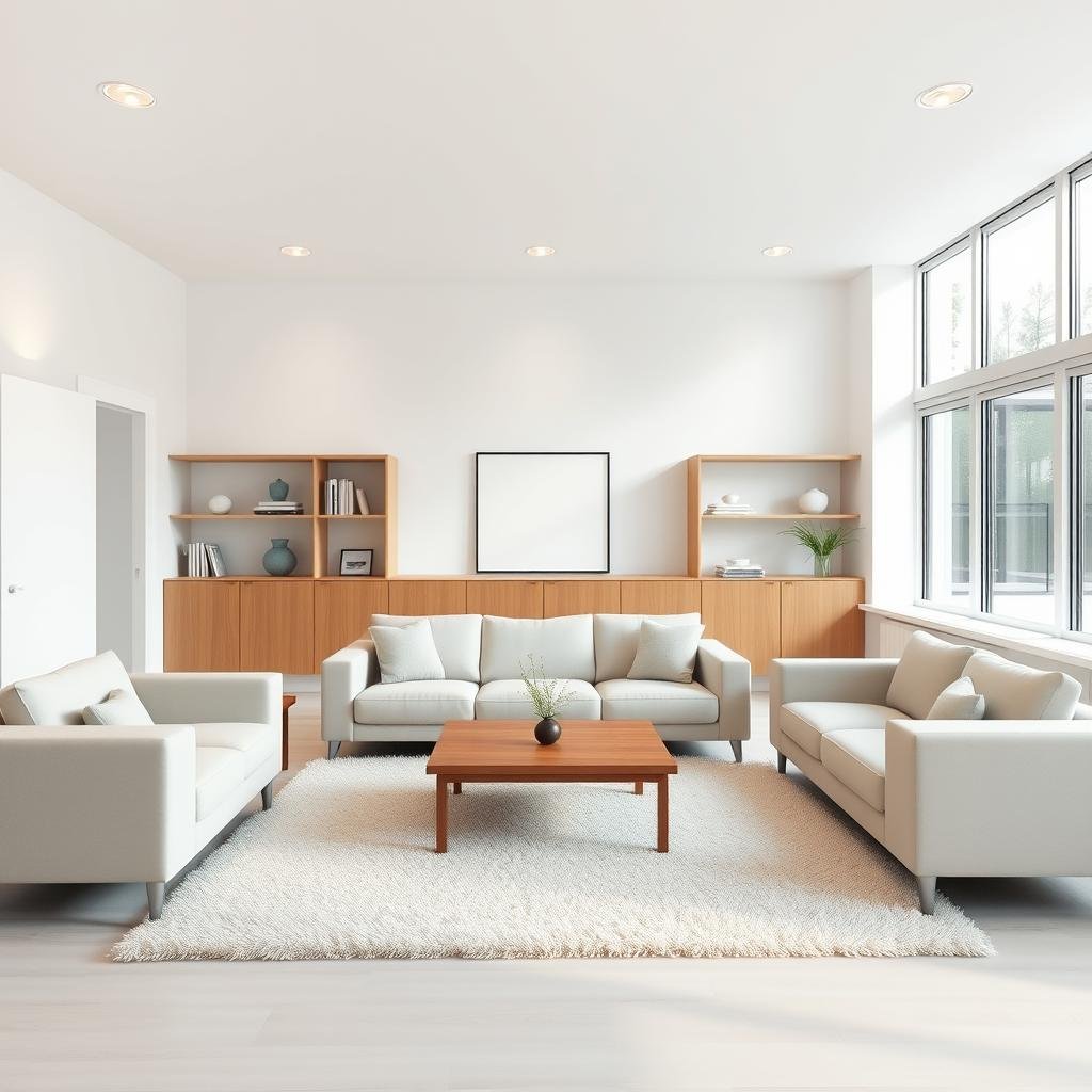 A bright, airy living room with a minimalist aesthetic. The central focus is a sleek, modern sofa in a neutral tone, flanked by clean-lined end tables and a low, wooden coffee table. Shelves along the far wall display a few carefully curated decor pieces and books, creating a sense of order. Recessed lighting casts a warm glow, while large windows allow natural light to flood the space. The floor is covered in a plush, pale rug that ties the room together. Every surface is free of clutter, creating a serene and inviting atmosphere perfect for relaxation.