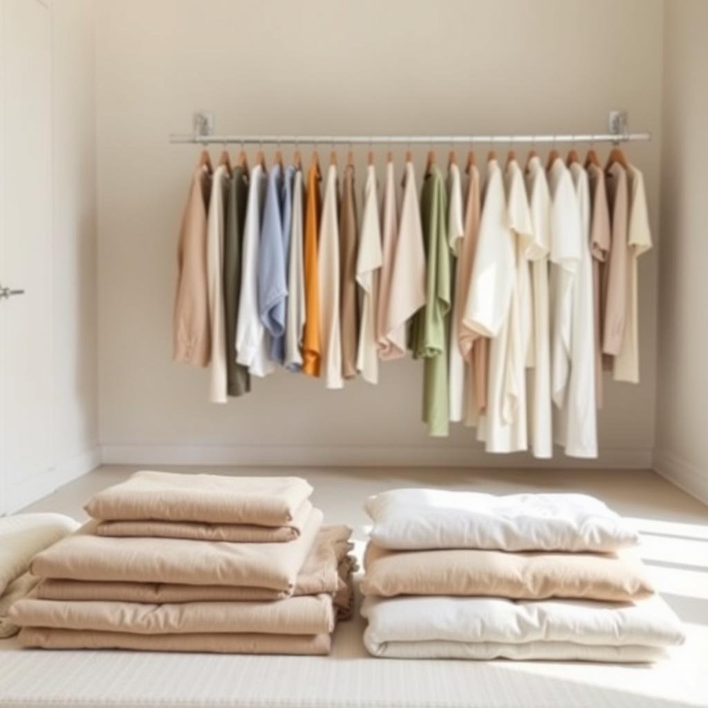 A bright, airy room with a minimalist closet system. In the foreground, a selection of neatly folded garments in neutral tones, arranged in a harmonious display. In the middle ground, a hanging rod showcases a variety of clothing items, each meticulously arranged by color and type. The lighting is soft and diffused, creating a sense of tranquility. The background features a neutral-toned wall, further emphasizing the clean, organized aesthetic. The overall mood is one of efficiency and visual harmony, inviting the viewer to consider the merits of both hanging and folding as closet organization strategies.