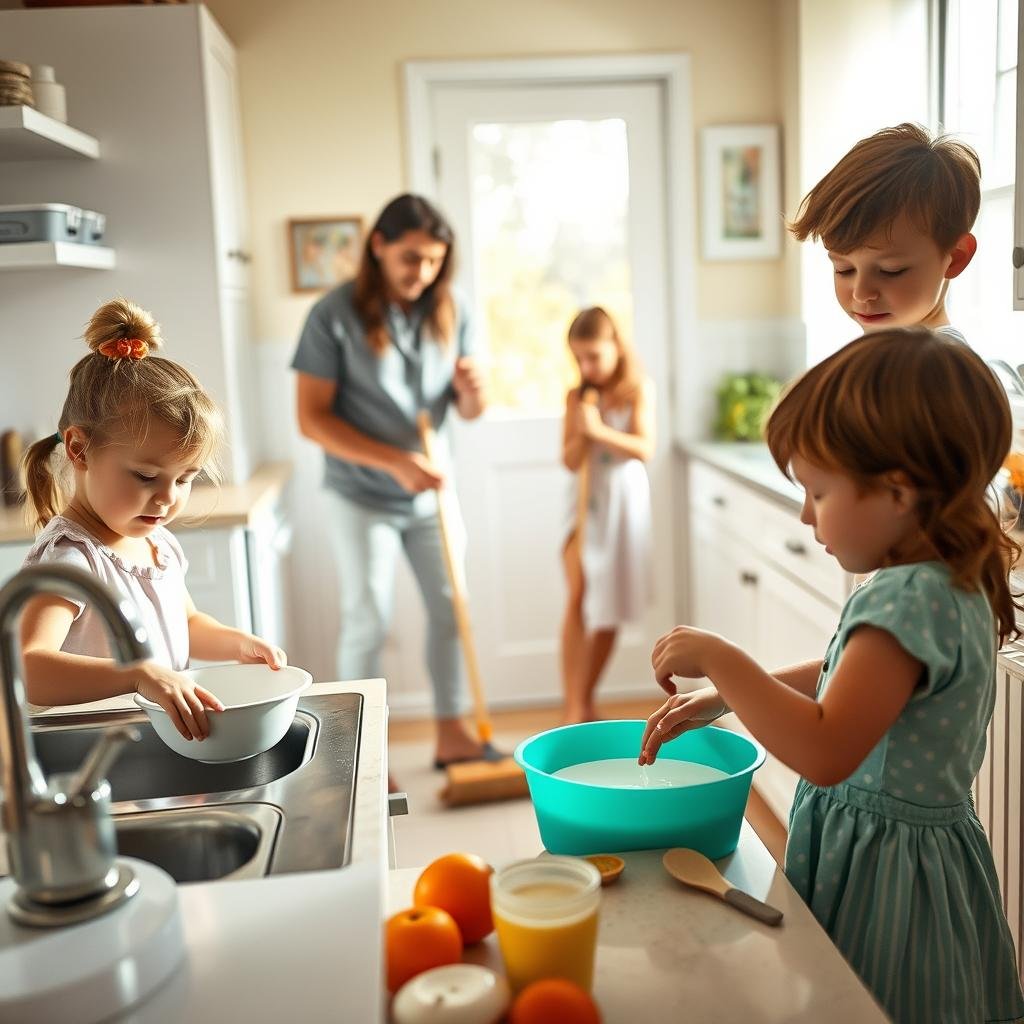 A bright, sunlit kitchen with a cozy, family-friendly atmosphere. In the foreground, two young children diligently wash dishes at the sink, their faces filled with a sense of accomplishment. In the middle ground, a pre-teen sweeps the floor with a broom, their movements graceful and focused. In the background, a parent supervises, offering gentle guidance and encouragement. The scene is captured with a wide-angle lens, creating a sense of depth and capturing the overall harmony of the household chores being carried out. The lighting is soft and natural, casting a warm glow over the entire scene, conveying a sense of domestic tranquility and productivity.