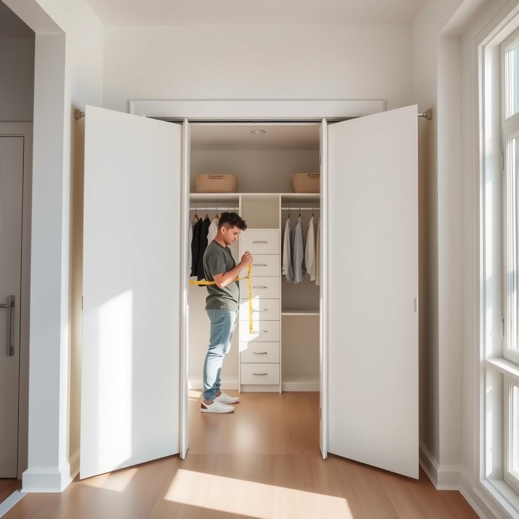 A bright, well-lit room with a spacious closet space taking center stage. The closet door is open, revealing the interior filled with neatly organized shelves, rods, and drawers. A person in casual clothing stands inside, measuring the dimensions of the closet with a tape measure, deep in concentration. The room is airy and clean, with natural light filtering in through large windows. The atmosphere conveys a sense of order, efficiency, and the promise of a well-organized living space. The camera angle is slightly elevated, providing a clear, unobstructed view of the closet and the measuring process.