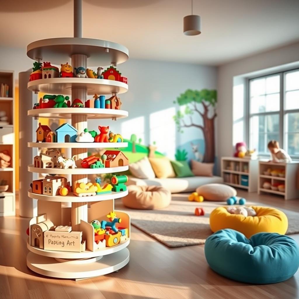 A brightly lit, cheerful children's playroom with a rotating toy storage system in the foreground. The system features circular shelves that spin smoothly on a central axis, allowing easy access to a variety of colorful, age-appropriate toys. In the middle ground, a cozy seating area with plush bean bags and pillows invites kids to relax and play. The background showcases a whimsical wall mural depicting a playful scene, perhaps with friendly animals or a fantastical landscape. Warm, natural lighting from large windows creates a welcoming atmosphere, and the overall composition conveys a sense of order, functionality, and joy in a well-organized kids' space.