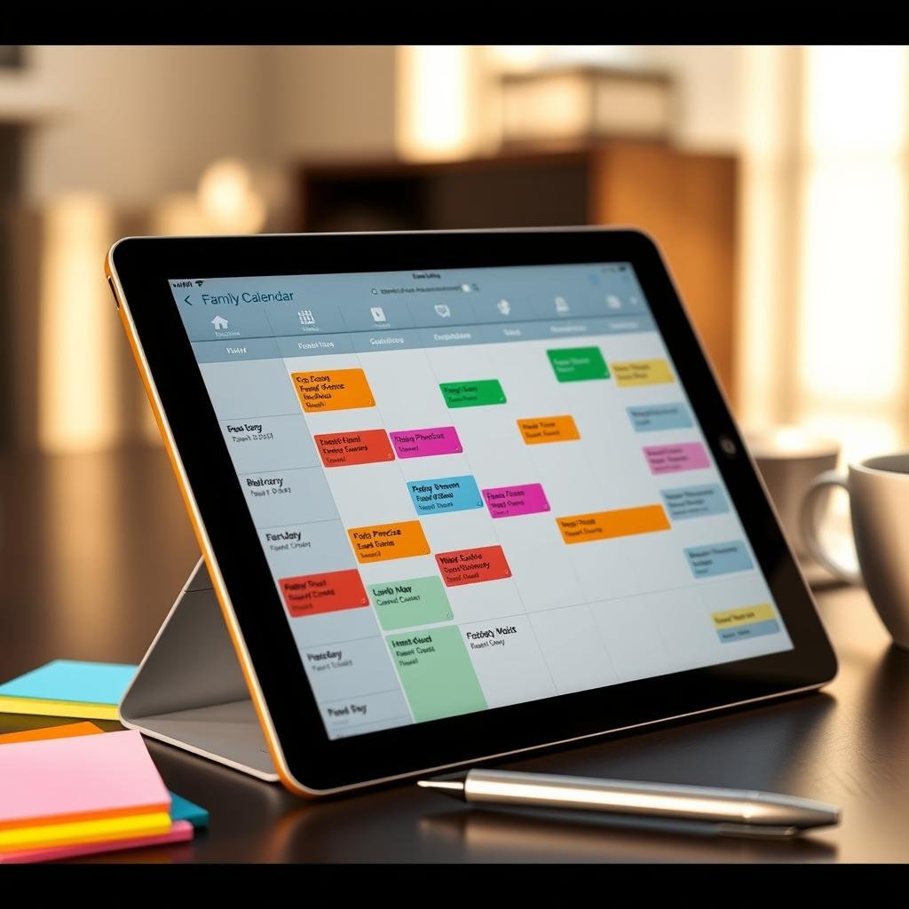 A busy family calendar displayed on a sleek, modern tablet device, surrounded by colorful sticky notes, a pen, and a cup of coffee. The calendar interface shows a variety of events, from soccer practices to doctor appointments, neatly organized and color-coded. The lighting is soft and warm, creating a productive and organized atmosphere. The tablet is positioned at a slight angle, allowing for an optimal viewing experience. The overall scene conveys a sense of control and mastery over the family's busy schedule.