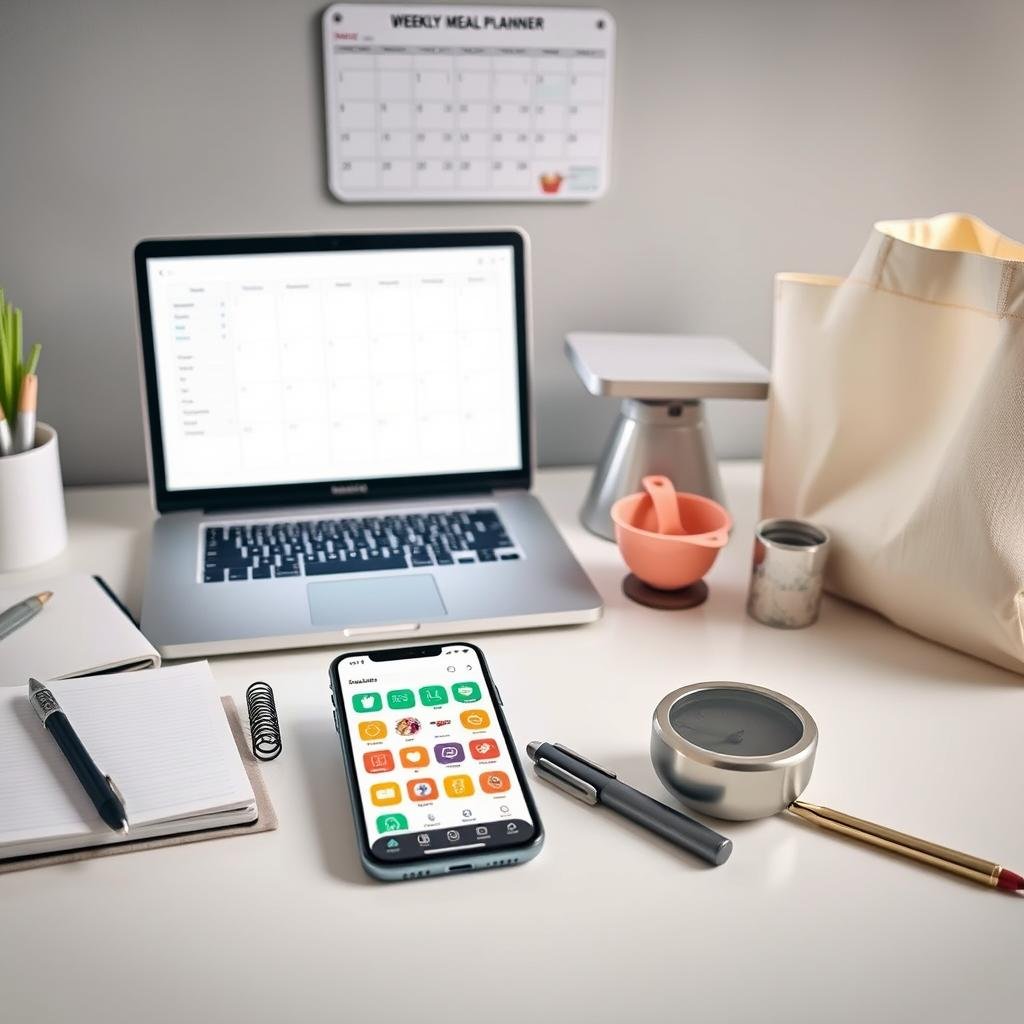 A clean, well-organized desk space with an assortment of modern meal planning apps and resources displayed prominently. In the foreground, a smartphone or tablet showcases a meal planning app's intuitive interface, with colorful icons and menus. Surrounding it, an array of neatly arranged items, such as a notebook, a pen, a sleek kitchen timer, and a reusable grocery tote bag. The middle ground features a laptop or tablet displaying a weekly meal planner template, complemented by a stylish kitchen scale and measuring cups. In the background, a minimalist wall calendar hangs, highlighting important dates and meal prep reminders. The overall scene exudes a sense of efficiency, organization, and a streamlined approach to meal planning and grocery management.