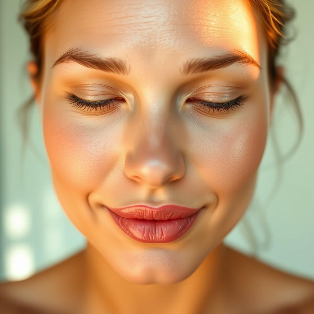 A close-up portrait of a woman's glowing, hydrated skin. The lighting is soft and diffused, creating a warm, gentle atmosphere. The skin appears plump, supple, and radiant, with a healthy, dewy glow. The focus is on the forehead, cheeks, and chin, showcasing the skin's luminosity. The background is blurred, placing the emphasis on the subject's flawless complexion. Subtle highlights on the high points of the face enhance the skin's natural luminosity. The overall vibe is one of tranquility, wellness, and the visible benefits of proper hydration.