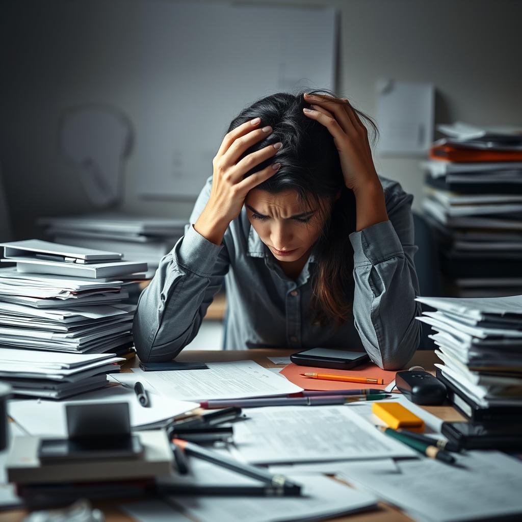 A cluttered desk with stacks of paper, pens, and electronic devices scattered haphazardly. In the foreground, a person's hand grasps their head, a pained expression on their face, symbolizing the cognitive strain of the chaotic environment. The background is dimly lit, creating a sense of mental fog and overwhelm. Soft, directional lighting casts shadows that accentuate the disorganization, while a shallow depth of field blurs the edges, focusing the viewer's attention on the central figure's struggle to focus. The overall tone is one of stress and cognitive disarray, highlighting the need for a minimalist approach to find mental clarity.
