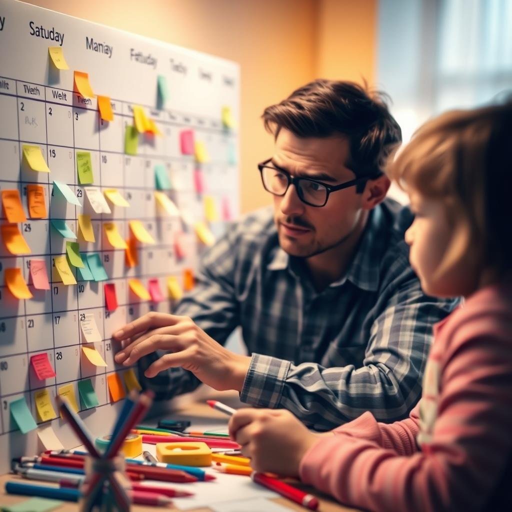 A cluttered family calendar with various colored sticky notes, pens, and pencils scattered around. In the foreground, a confused parent examines the calendar, brow furrowed, while a child looks on, also puzzled. Soft, warm lighting illuminates the scene, creating a cozy, domestic atmosphere. The background is blurred, emphasizing the focus on the calendar and the family's troubleshooting efforts. The image conveys the common challenge of keeping a family's schedule organized and the need for a step-by-step guide to address these issues.