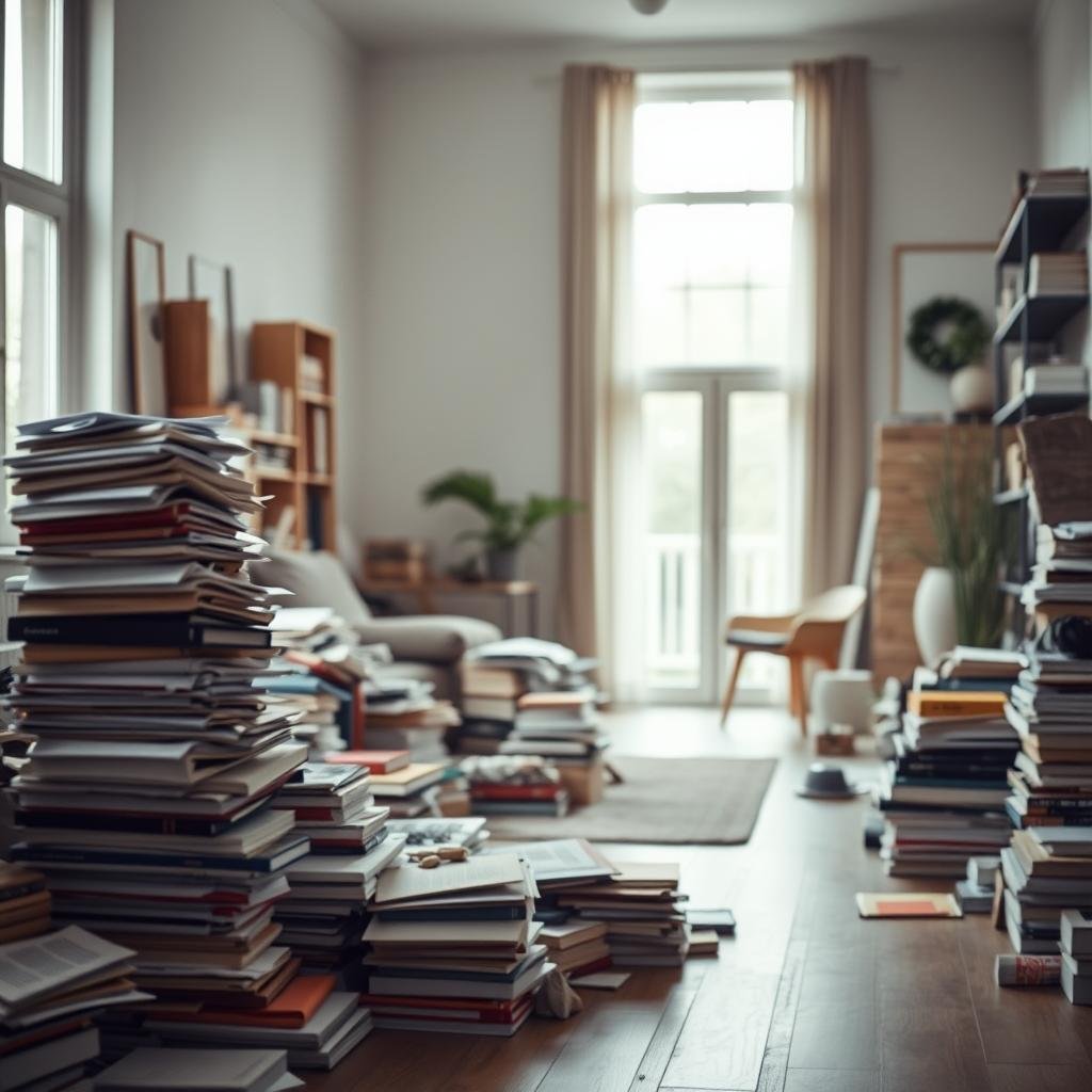A cluttered living room transitioning into a minimalist, orderly space. In the foreground, stacks of books, papers, and random objects are being sorted and organized. Midground, shelves and surfaces are being cleared, creating a sense of openness. In the background, natural light filters in through large windows, casting a warm, calming glow. The composition emphasizes the gradual transformation from chaos to tranquility, with a focus on the small, deliberate steps taken to declutter and simplify the space. Soft, muted tones and a shallow depth of field create an intimate, introspective atmosphere.