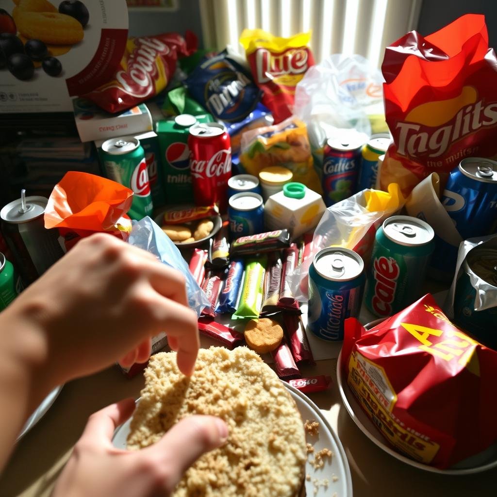 A cluttered table overflowing with sugary snacks, greasy fast food, and caffeinated beverages. In the foreground, a hand reaches towards a slice of cake, the temptation palpable. The middle ground features an array of brightly colored but nutrient-poor items - soda cans, candy bars, and a half-eaten bag of chips. In the background, the light is harsh and unflattering, casting shadows that emphasize the unhealthy choices. The overall mood is one of excess and imbalance, a cautionary tale of the foods to avoid for steady, sustainable energy throughout the day.