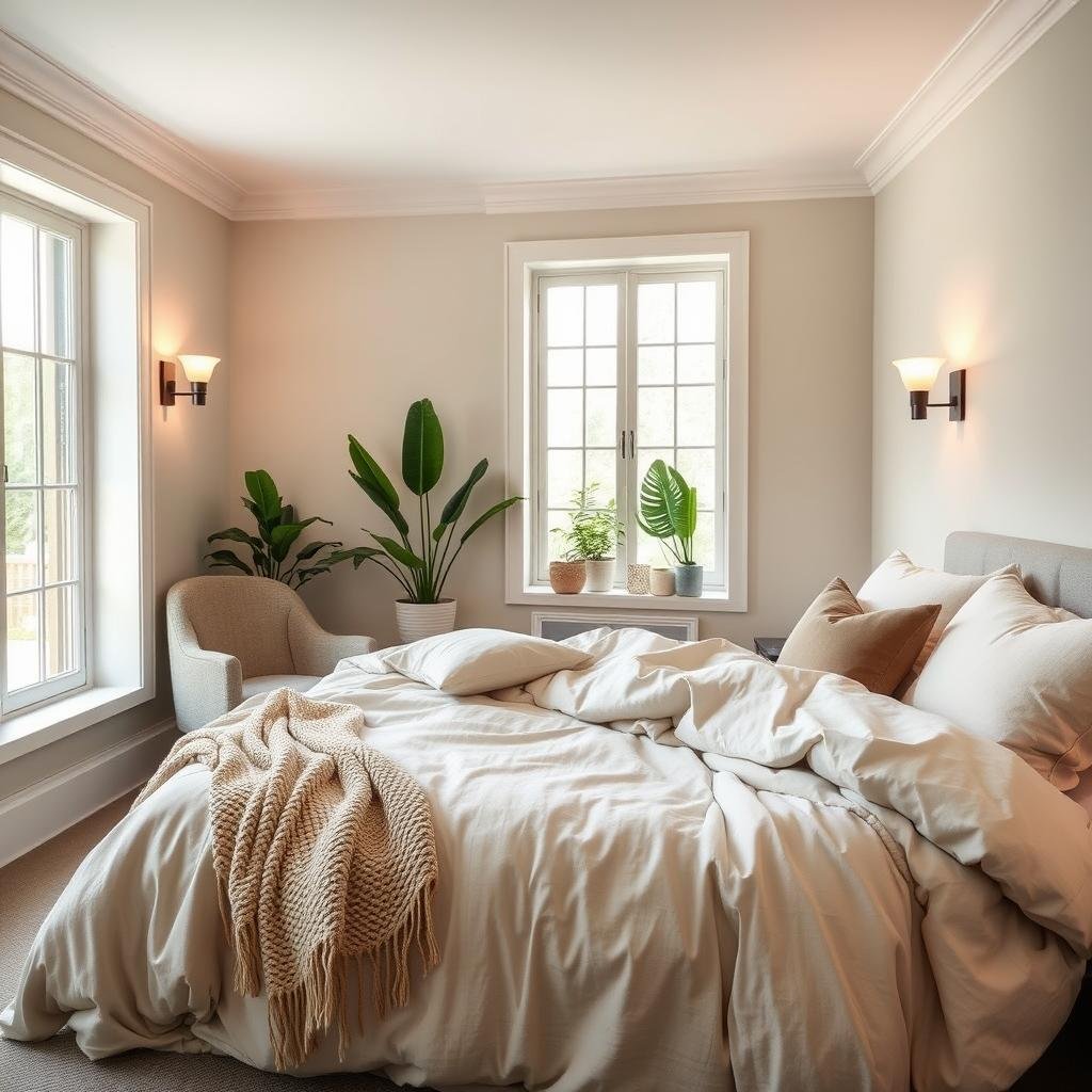 A cozy and inviting bedroom with a plush king-size bed draped in soft, organic bedding in soothing neutral tones. A pair of sconces mounted on the walls provide gentle, warm lighting, casting a tranquil glow. In the corner, a comfortable armchair with a knitted throw invites relaxation. Large windows allow natural light to filter in, illuminating a beautifully curated vignette of potted plants and a small side table with a decorative vase. The overall mood is peaceful, calming, and restorative, creating a harmonious and rejuvenating sanctuary.