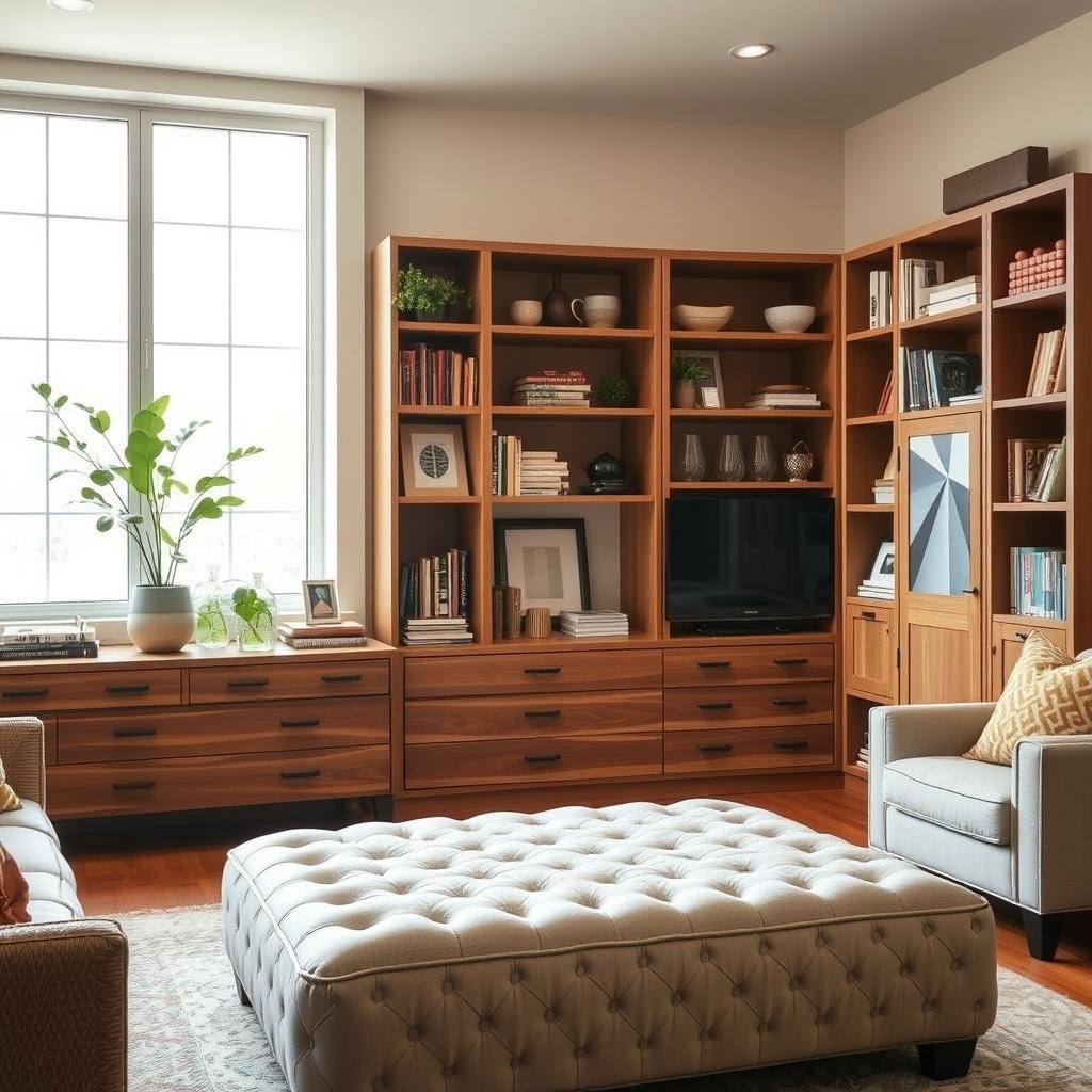 A cozy and well-organized living room with a mix of modern and rustic storage solutions. A large, light-filled window in the background bathes the space in soft, natural lighting. In the foreground, a stylish mid-century modern credenza with ample drawers and shelves for neatly storing books, decor, and media. Flanking the credenza, built-in bookshelves with a mix of decorative and functional items. In the middle ground, a plush, tufted ottoman doubling as a coffee table and additional storage space. Warm, earthy tones throughout, accented by pops of greenery and natural textures, create a harmonious, inviting atmosphere.