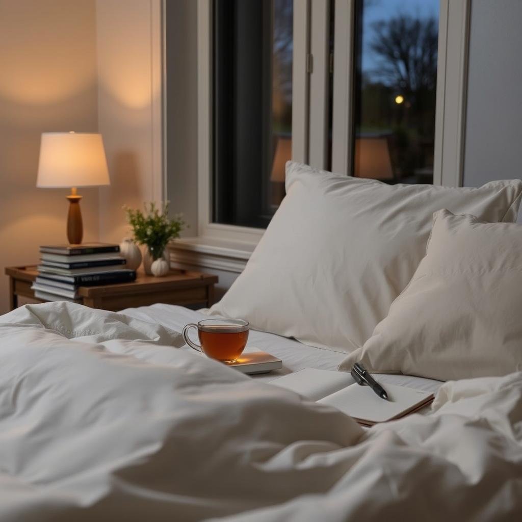 A cozy bedroom at dusk, the warm glow of a bedside lamp casting a soft light. On the nightstand, a stack of books, a soothing herbal tea, and a journal and pen, hinting at a tranquil evening routine. In the foreground, a plush duvet and pillows invite rest, while the window in the background offers a glimpse of the darkening sky, signaling the transition to night. Understated, natural textures and muted tones create a serene, calming atmosphere, perfectly suited for winding down and preparing for a restful night's sleep. A cozy bedroom at dusk, the warm glow of a bedside lamp casting a soft light. On the nightstand, a stack of books, a soothing herbal tea, and a journal and pen, hinting at a tranquil evening routine. In the foreground, a plush duvet and pillows invite rest, while the window in the background offers a glimpse of the darkening sky, signaling the transition to night. Understated, natural textures and muted tones create a serene, calming atmosphere, perfectly suited for winding down and preparing for a restful night's sleep.