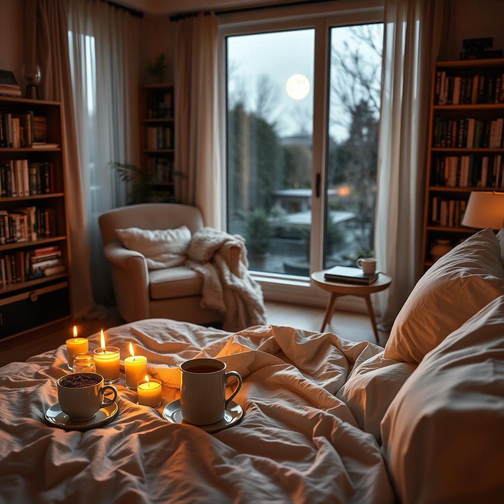 A cozy bedroom at dusk, with warm golden light filtering through sheer curtains. In the foreground, a plush bed adorned with soft, rumpled bedding and fluffy pillows. On a nightstand, a steaming mug of herbal tea and a few calming aromatherapy candles flicker gently. In the middle ground, a comfortable armchair with a plush throw blanket, and a small side table with a book and a glass of water. The background features a bookshelf filled with titles on sleep, relaxation, and wellness, and a tranquil view of a moonlit garden through a large window. The overall atmosphere is serene, inviting, and conducive to a restful, sleep-enhancing routine.