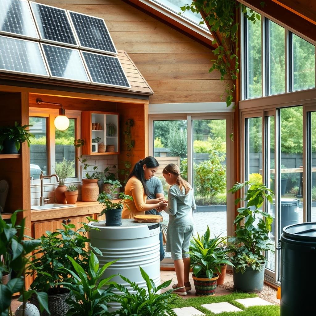 A cozy eco-friendly home, its walls adorned with solar panels, capturing the sun's energy. In the foreground, a family gathers around a water-efficient appliance, thoughtfully conserving precious resources. The kitchen features energy-saving LED lights, while a rain barrel collects runoff for garden irrigation. Lush houseplants thrive, testament to the home's sustainable ethos. Through large windows, a verdant backyard unfolds, showcasing a permeable driveway and a composting bin, all contributing to a harmonious, environmentally conscious lifestyle. Soft, warm lighting illuminates the scene, evoking a sense of comfort and responsibility towards the planet.