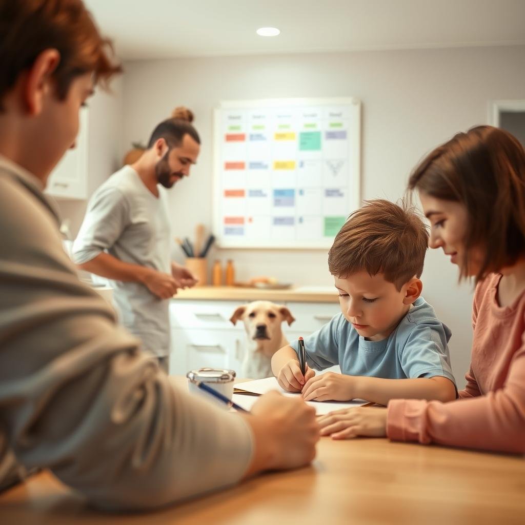 A cozy family home, warm lighting illuminating a well-organized kitchen. In the foreground, a child diligently completing homework at the table, with parents nearby offering guidance. Midground, an adult preparing a nutritious meal, the family dog watching eagerly. In the background, a whiteboard displaying a weekly schedule, color-coded routines for each family member. Soft pastel tones, a sense of harmony and productivity pervading the scene. Wide-angle lens captures the balance of individual and shared responsibilities, fostering a productive yet nurturing environment.