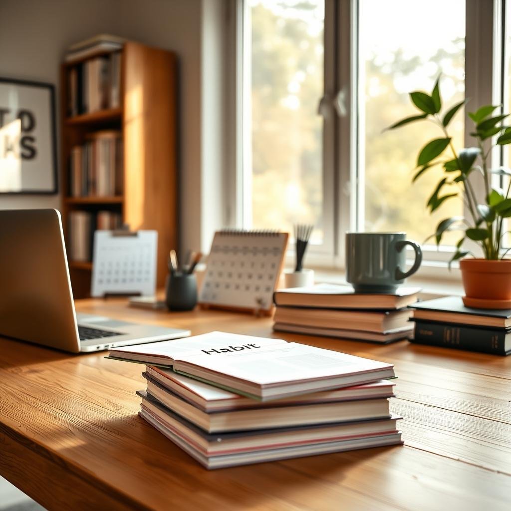 A cozy home office with a minimalist wooden desk, a laptop, and a potted plant. In the foreground, a well-organized stack of books and notes, symbolizing the "Habit Stacking" concept. Soft, natural lighting filters through large windows, casting a warm, productive atmosphere. The middle ground features a calendar, a pen holder, and a mug of steaming coffee, emphasizing the daily routine. In the background, a bookshelf and framed art pieces create a sense of intentional, streamlined design. The overall mood is one of effortless productivity, inviting the viewer to imagine themselves in this serene, yet focused workspace. A cozy home office with a minimalist wooden desk, a laptop, and a potted plant. In the foreground, a well-organized stack of books and notes, symbolizing the "Habit Stacking" concept. Soft, natural lighting filters through large windows, casting a warm, productive atmosphere. The middle ground features a calendar, a pen holder, and a mug of steaming coffee, emphasizing the daily routine. In the background, a bookshelf and framed art pieces create a sense of intentional, streamlined design. The overall mood is one of effortless productivity, inviting the viewer to imagine themselves in this serene, yet focused workspace.