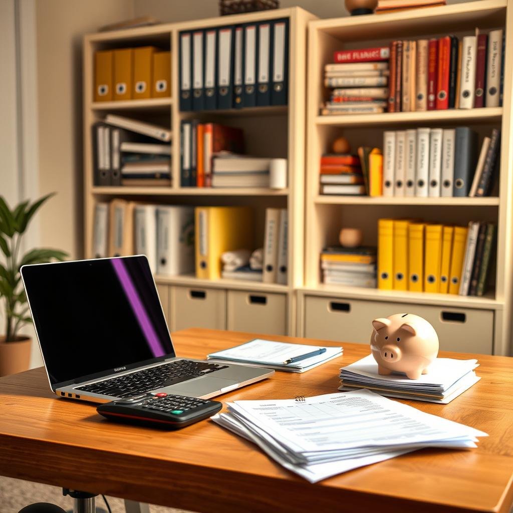 A cozy home office with a neatly organized desk, featuring a laptop, a stack of financial documents, a calculator, and a piggy bank. The room is bathed in warm, gentle lighting, creating a serene and focused atmosphere. In the background, shelves display carefully categorized folders and books on personal finance and budgeting. The overall scene conveys a sense of financial responsibility and a thoughtful approach to household management.