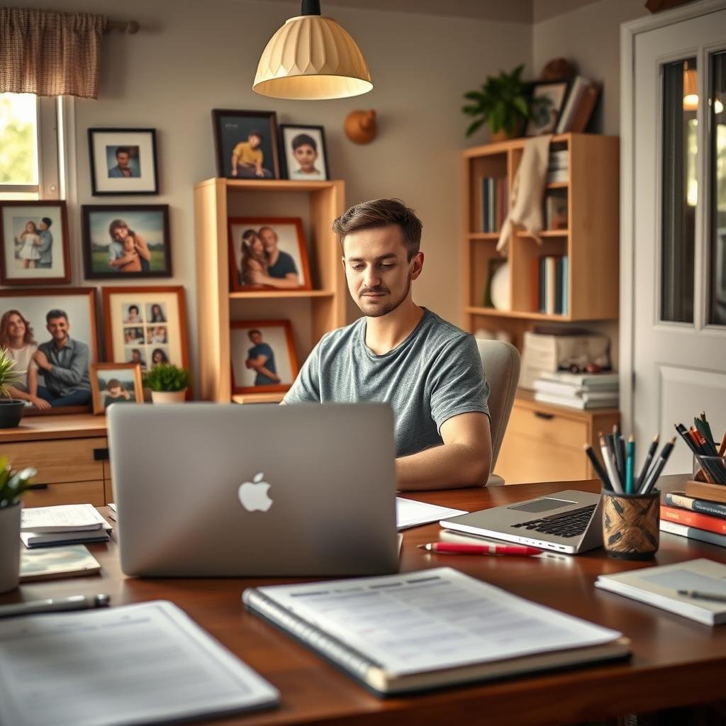 A cozy home office with a warm, focused atmosphere. In the foreground, a parent's desk with a laptop, planner, and to-do list, highlighting the importance of organization and time management. In the middle ground, a parent in casual attire, working diligently, with a serene expression conveying mindfulness. The background features family photos, a bookshelf, and a window providing natural lighting, creating a sense of balance and productivity. The overall scene evokes a harmonious blend of work and family life, emphasizing the value of smart time management for busy parents.