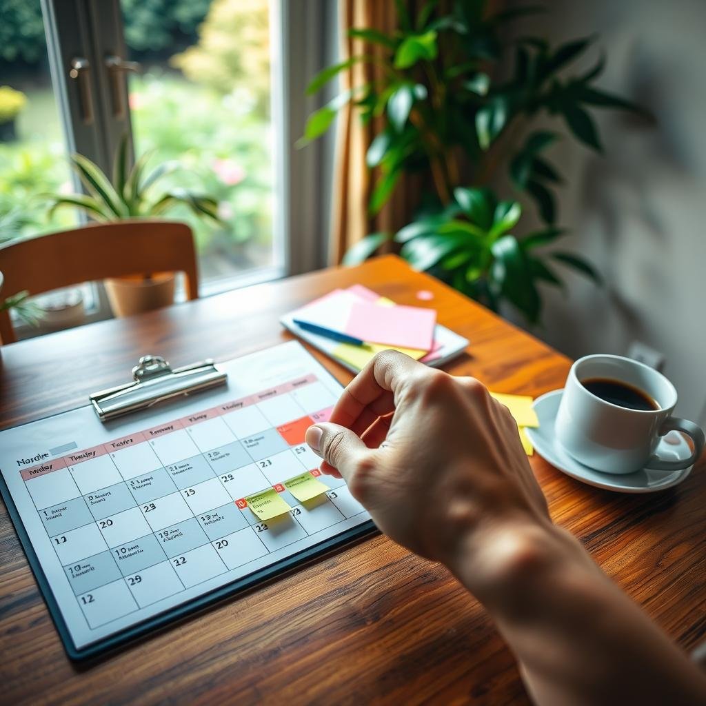 A cozy home office with a well-organized family calendar on a wooden desk, surrounded by warm lighting and natural elements. In the foreground, a hand hovers over the calendar, carefully selecting and customizing important dates and events. The middle ground features colorful sticky notes, a pen, and a cup of coffee, creating a productive and personalized atmosphere. The background showcases a window with a view of a lush, verdant garden, providing a calming, natural backdrop to the scene.