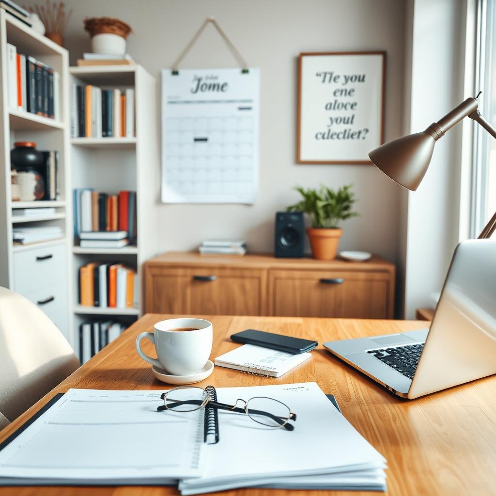 A cozy home office with a wooden desk, neatly organized papers, and a wall-mounted calendar. Soft natural lighting filters through the window, casting a warm glow. On the desk, a planner, a cup of coffee, and a pair of glasses suggest a productive workspace. In the background, shelves filled with books and a framed inspirational quote create a serene, focused ambiance. A laptop and a stylish desk lamp complete the scene, conveying a sense of efficiency and time management mastery.