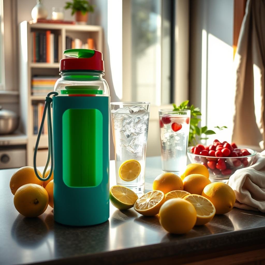A cozy kitchen counter, sunlight streaming through the window, casting a warm glow on a collection of hydration-boosting essentials. In the foreground, a reusable water bottle, a colorful fruit infuser, and a handful of freshly sliced lemons and limes. In the middle ground, a glass of iced water, a bowl of juicy berries, and a small potted plant, symbolizing the fresh, natural approach to hydration. In the background, a bookshelf filled with wellness-themed books and a kitchen towel draped over the edge of the counter, creating a sense of lived-in comfort. The overall scene conveys a relaxed, rejuvenating atmosphere, inviting the viewer to adopt practical, mindful hydration habits.