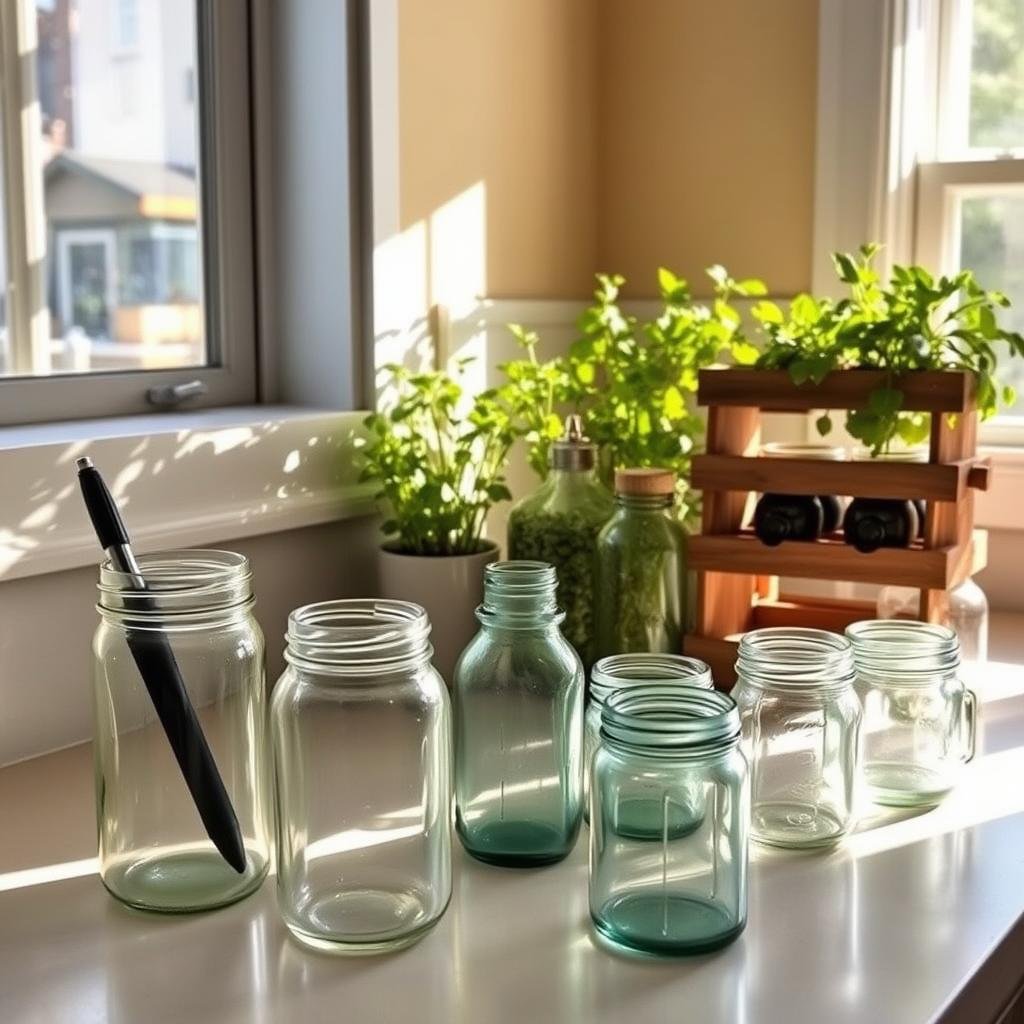A cozy kitchen countertop, with an array of repurposed glass jars and containers in the foreground. Sunlight streams in through a nearby window, casting a warm glow over the scene. In the middle ground, a mix of transformed household items - a pen holder made from a mason jar, a vase crafted from a wine bottle, and a spice rack constructed from reclaimed wood and old jars. The background features a tasteful collection of plants and herbs, hinting at the homeowner's sustainable lifestyle. The overall atmosphere conveys a sense of mindful resourcefulness and a celebration of the beauty in everyday objects.
