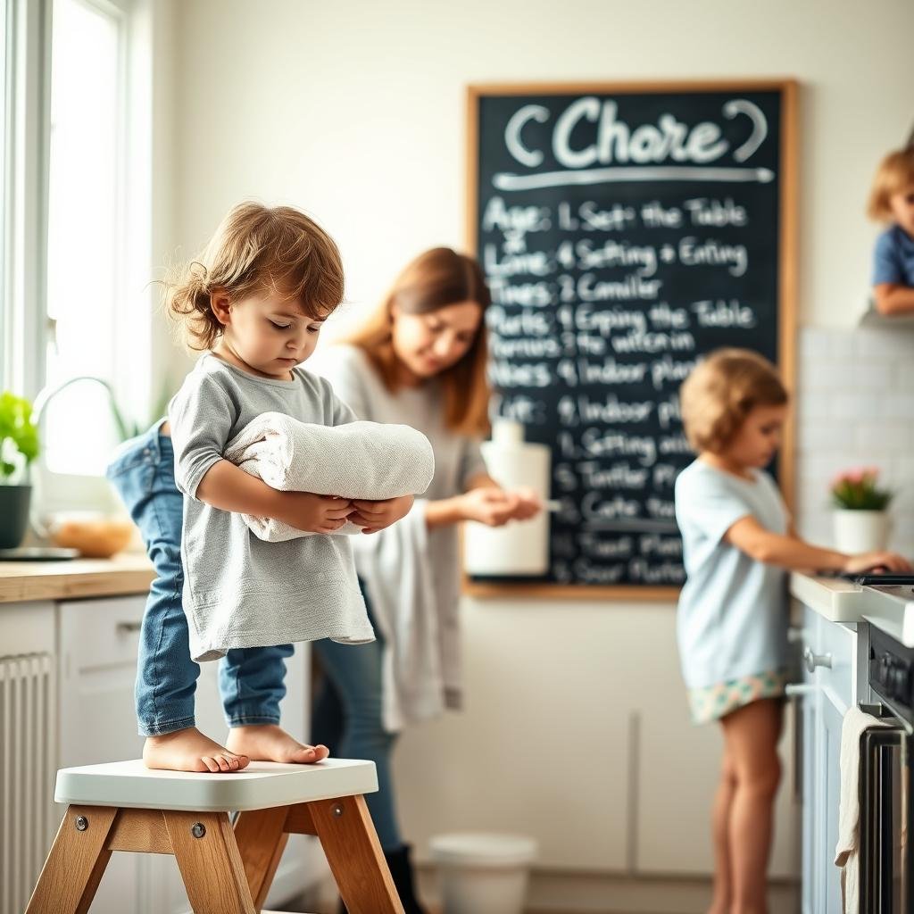 A cozy kitchen setting, with a young child standing on a stepping stool, carefully folding a stack of freshly laundered towels. In the middle ground, a parent guides an older child in wiping down kitchen countertops, their faces filled with a sense of shared responsibility. In the background, a chalkboard displays a chore chart, outlining age-appropriate tasks like setting the table, emptying the dishwasher, and tending to indoor plants. Soft, natural lighting filters through the window, creating a warm, nurturing atmosphere that encourages family participation in household management.