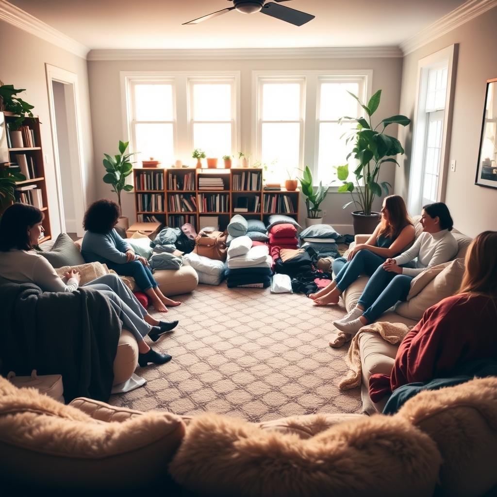 A cozy living room, bathed in warm, soft lighting, where a group of friends gathers for a "packing party reset". In the foreground, a circle of plush cushions and throws invites relaxation. Scattered throughout the middle ground, neatly organized piles of personal items await sorting and packing. In the background, bookshelves and plants create a serene, natural atmosphere, hinting at the calming mindset this event aims to cultivate. The mood is one of intentionality, community, and a fresh start, as the participants embark on a journey to declutter and simplify their lives.