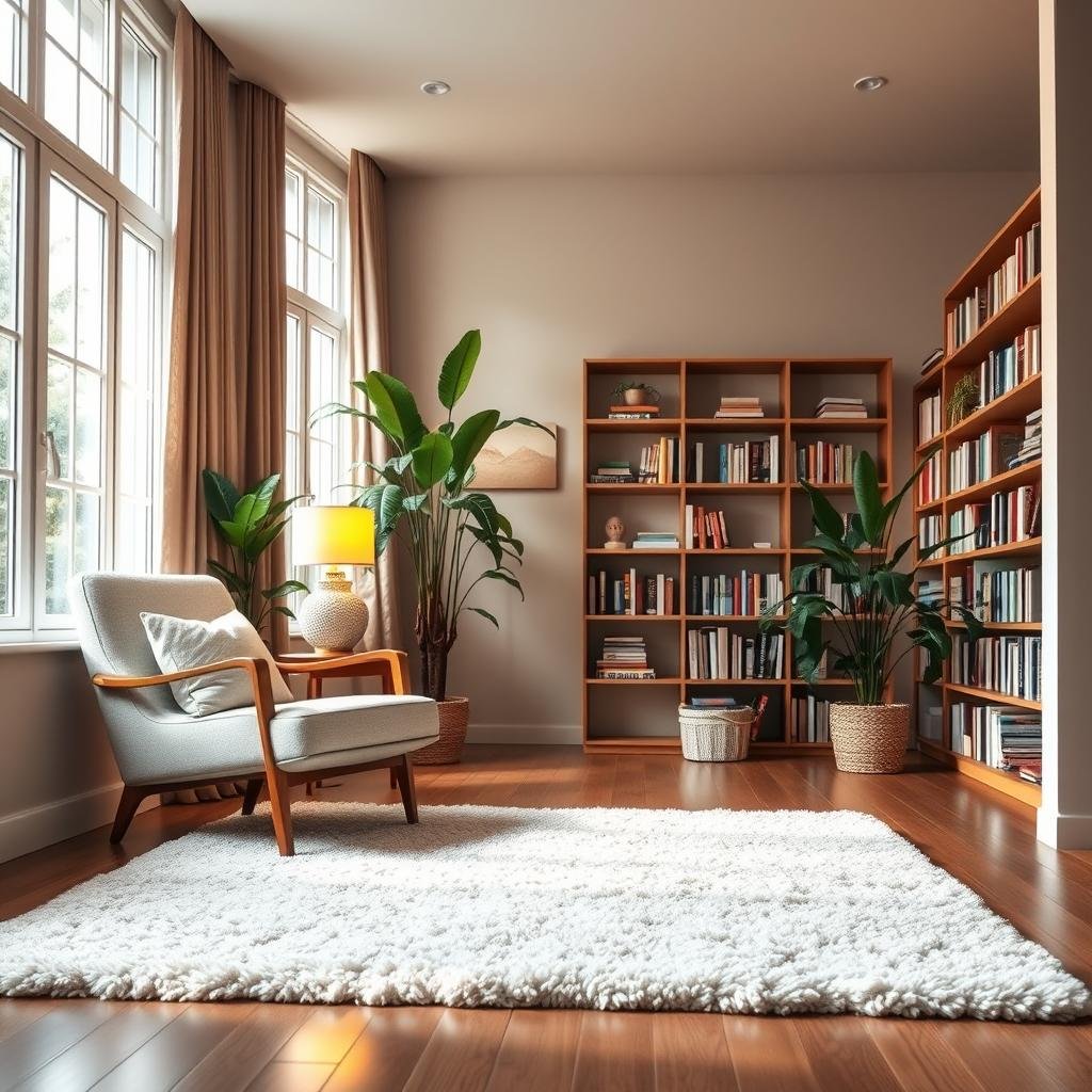 A cozy living room with soft natural lighting shining through large windows. In the foreground, a comfortable armchair and a side table with a warm lamp, creating a peaceful and inviting atmosphere. The middle ground features a plush area rug, and bookshelves lining the walls, suggesting a space for reading and relaxation. The background showcases lush indoor plants, adding to the serene and tech-free ambiance. The overall scene conveys a sense of tranquility, mindfulness, and the benefits of creating a sanctuary free from digital distractions.