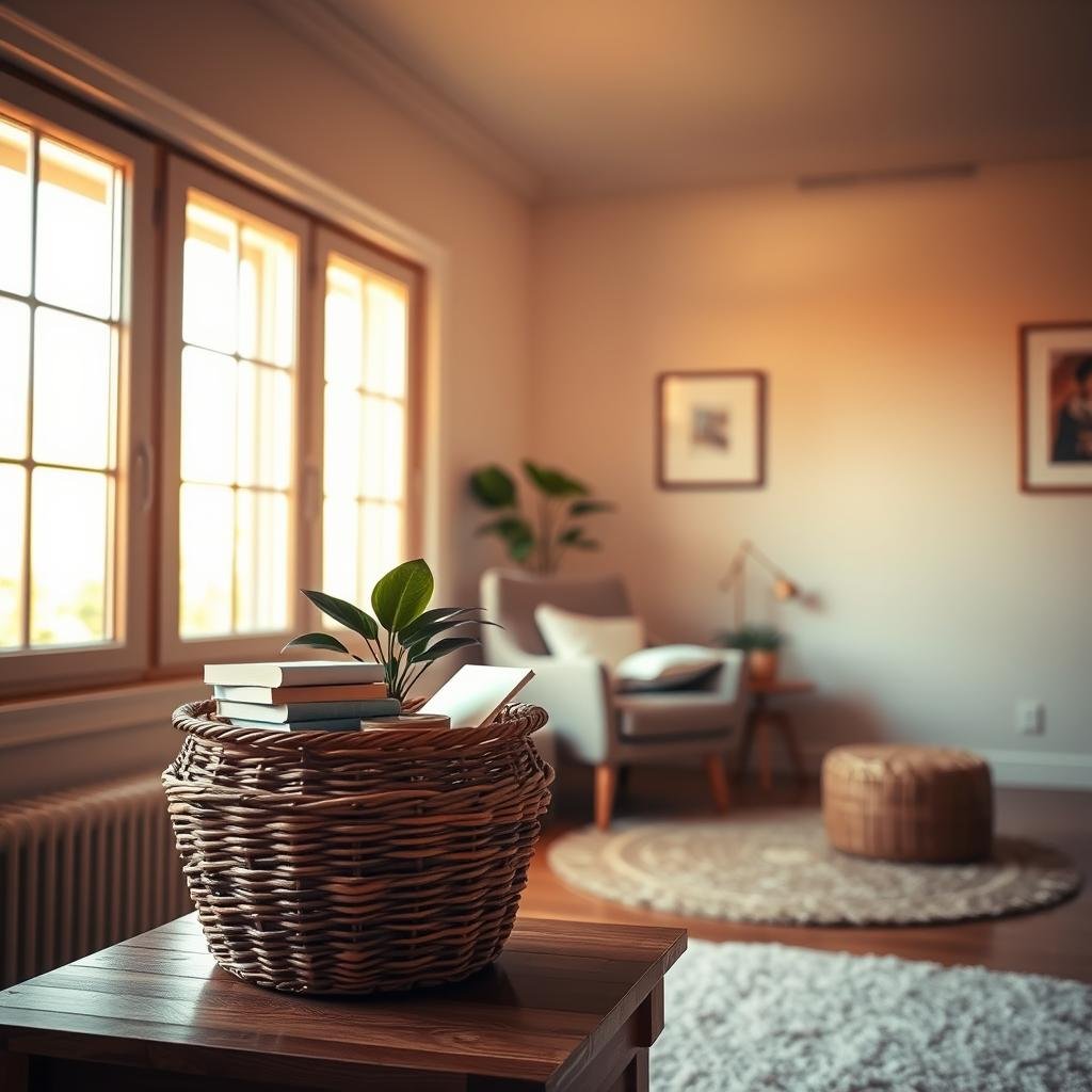 A cozy, minimalist living room with warm, natural lighting filtering through large windows. In the foreground, a woven basket filled with books and a potted plant sit on a wooden end table. On the middle ground, a comfortable armchair and a plush rug create a serene reading nook. The background features neutral-toned walls adorned with simple wall art, exuding a calming, tech-free ambiance. The overall mood is one of relaxation and mindfulness, encouraging the viewer to unwind and appreciate the simple pleasures of a life unplugged.