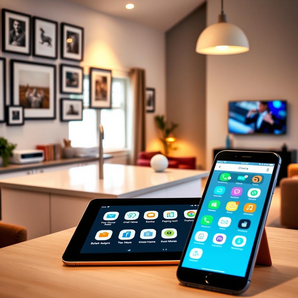 A cozy modern family home, its walls adorned with framed photos and artwork. In the foreground, a tablet and smartphone display a range of user-friendly home management apps, their icons neatly arranged. The middle ground features a sleek, minimalist kitchen with a countertop lined with smart home devices. In the background, a warm, soft-lit living room with plush furniture and a wall-mounted smart display. The overall atmosphere is one of efficiency, organization, and a harmonious integration of technology into the domestic sphere.