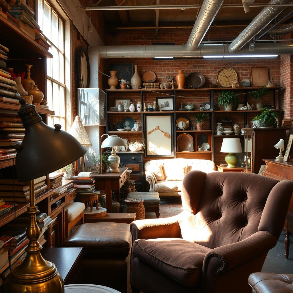 A cozy secondhand store, sunlight streaming through the windows illuminating a treasure trove of vintage finds. Weathered wooden shelves display an eclectic array of pre-loved items - leather-bound books, ceramic vases, and retro-inspired home decor. In the foreground, a whimsical lamp with a tarnished brass base catches the eye, while a plush armchair invites visitors to linger and explore. The middle ground showcases a curated collection of carefully curated furniture, each piece telling a unique story. In the background, a mix of natural and industrial elements - exposed brick walls, potted plants, and a subtle hint of industrial piping - creates a warm, welcoming atmosphere that celebrates the beauty of the secondhand.