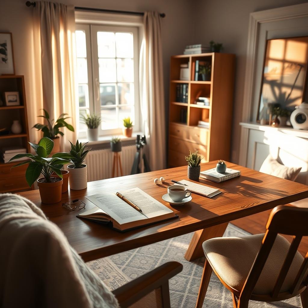 A cozy study with a wooden desk and comfortable armchair, illuminated by warm, natural lighting streaming through a large window. On the desk, an open book on psychology sits next to a cup of coffee, surrounded by a collection of potted plants and stationery items. In the background, a geometrically patterned rug and a minimalist bookshelf add depth and a sense of focus to the scene. The overall atmosphere evokes a contemplative, habit-forming mood, ideal for exploring the psychology behind building consistent cleaning routines.