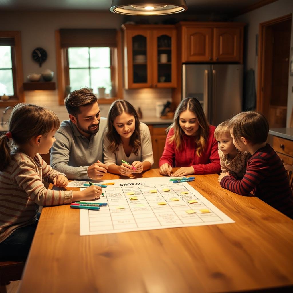 A cozy, well-lit kitchen with a large wooden table in the center. On the table, a family sits together, working on a chore chart. The parents and children discuss tasks, with colored markers and sticky notes scattered around. The scene conveys a sense of cooperation and shared responsibility. Warm lighting casts a gentle glow, illuminating the family's faces as they collaborate. In the background, glimpses of other household items suggest a lived-in, homely atmosphere. The overall mood is one of harmony and efficiency, capturing the essence of fair chore distribution in a busy family home.