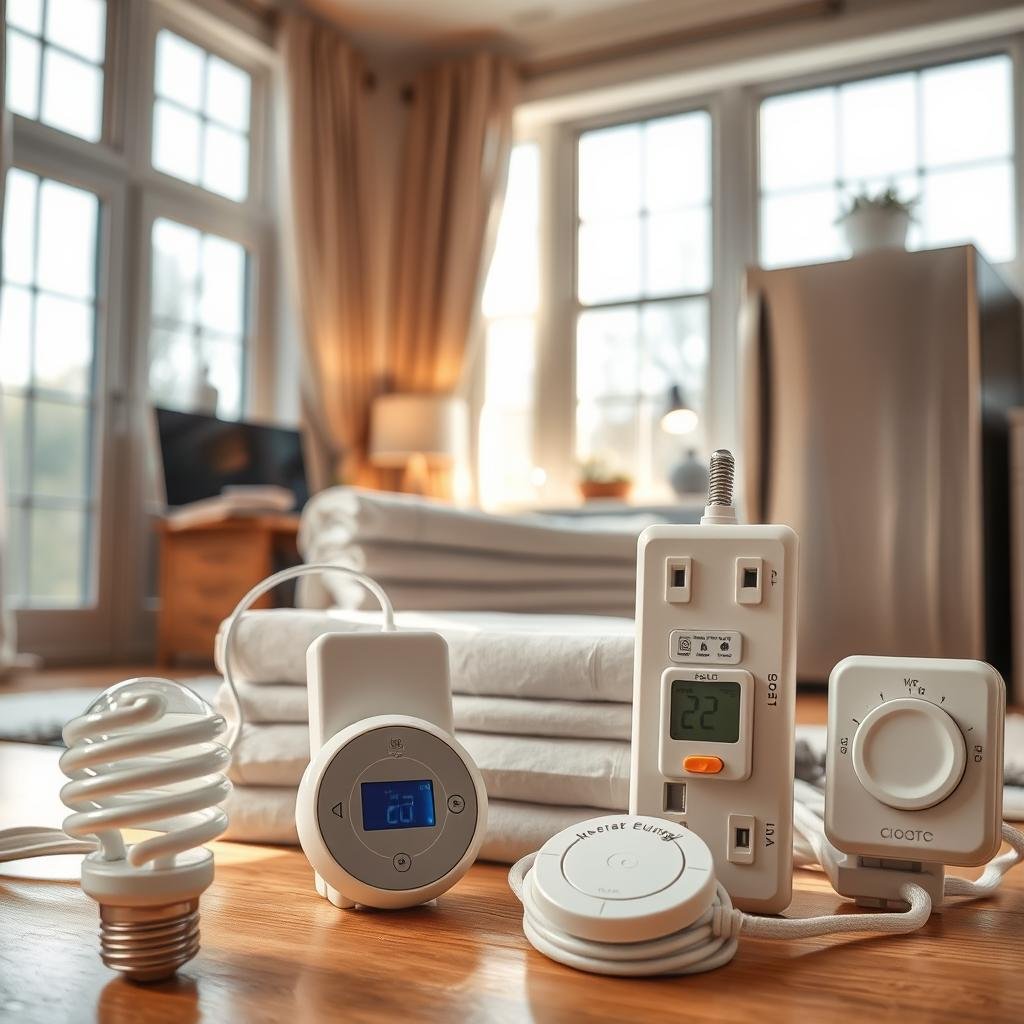A cozy, well-lit room featuring an assortment of energy-saving household items. In the foreground, an energy-efficient light bulb, a smart thermostat, and a power strip with automatic shut-off functionality. In the middle ground, a stack of insulation materials, weatherstripping, and a programmable timer for appliances. In the background, large windows with thermal-insulating curtains, and an energy-efficient appliance like a refrigerator or washing machine. The overall atmosphere conveys a sense of eco-consciousness and practical solutions for reducing energy consumption at home.