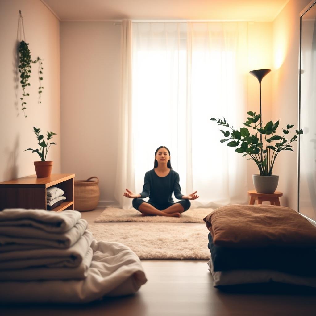 A cozy, well-lit room with minimalist decor, a neatly folded pile of clothes and a single potted plant on a wooden shelf in the foreground. The middle ground features a person sitting cross-legged on a plush rug, eyes closed in meditation, surrounded by a few carefully selected personal items that "spark joy." The background depicts a serene, uncluttered space with soft, diffused lighting filtering through sheer curtains, evoking a sense of tranquility and focus. Warm, natural tones and clean lines throughout, conveying the essence of the KonMari method of decluttering and mindful living.