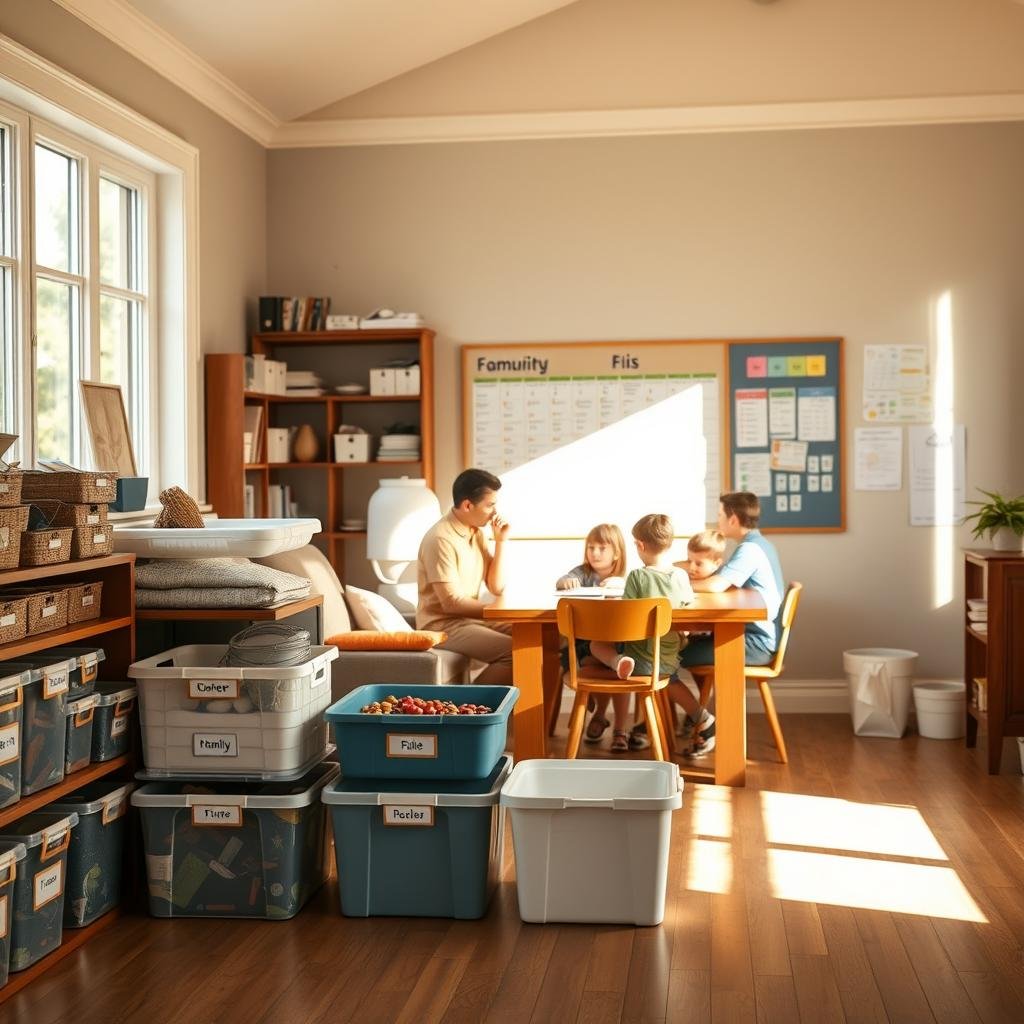 A cozy, well-organized family room with warm, natural lighting spilling in through large windows. In the foreground, a neatly arranged display of labeled storage bins, baskets, and organizational shelves holding family items. In the middle ground, a family gathered around a central table, collaborating on a family calendar and to-do list. The background features a bulletin board with color-coded schedules, checklists, and reminders. The overall atmosphere conveys a sense of calm productivity and togetherness, reflecting an efficient, harmonious household management strategy.