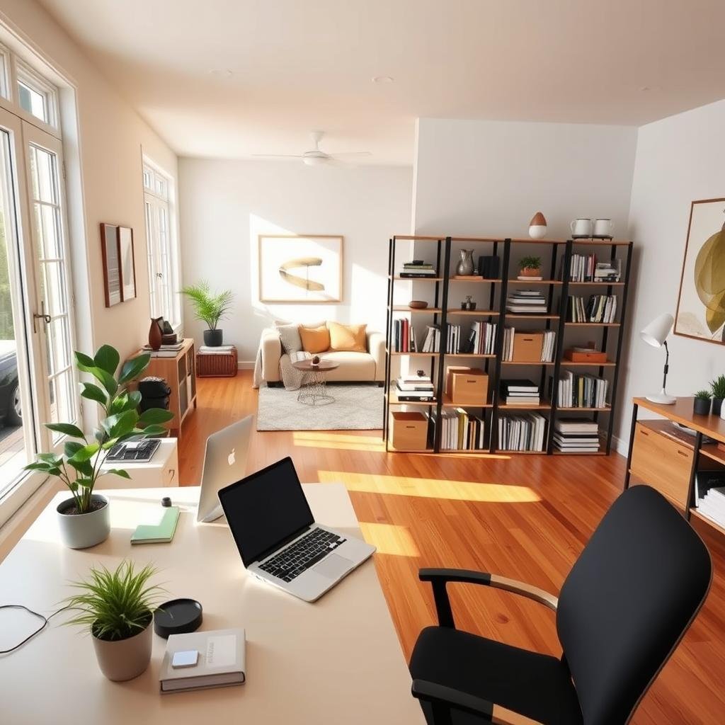A cozy, well-organized home office with natural light streaming through large windows. In the foreground, a neatly arranged desk with minimal clutter, featuring a potted plant, a sleek laptop, and a few carefully selected decor pieces. The middle ground showcases modular shelving units, meticulously organized with books, files, and decorative accents. The background reveals a serene, airy living room with warm hardwood floors, a plush sofa, and a statement piece of artwork on the wall. The overall atmosphere is one of tranquility, productivity, and a sense of intentional, minimalist design.