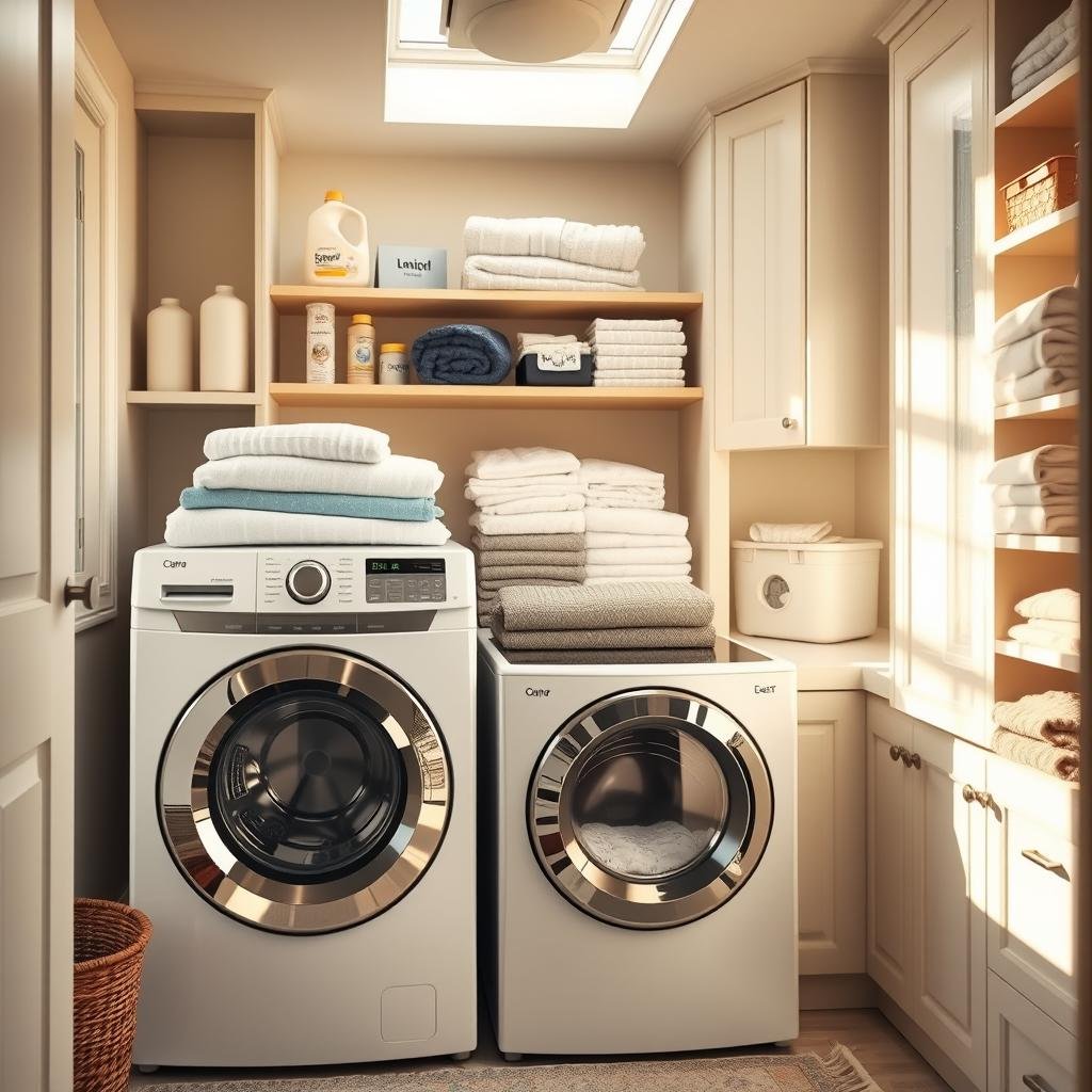 A cozy, well-organized laundry room with clean, streamlined appliances and carefully curated storage solutions. Soft, natural lighting filters in through large windows, illuminating the neatly folded piles of freshly cleaned clothes. In the foreground, a modern, energy-efficient washing machine and dryer stand side by side, their sleek, minimalist designs complementing the room's overall aesthetic. Shelves and cabinets line the walls, housing detergents, softeners, and neatly arranged towels and linens. The space exudes a sense of calm and efficiency, reflecting the owner's well-crafted laundry routine.