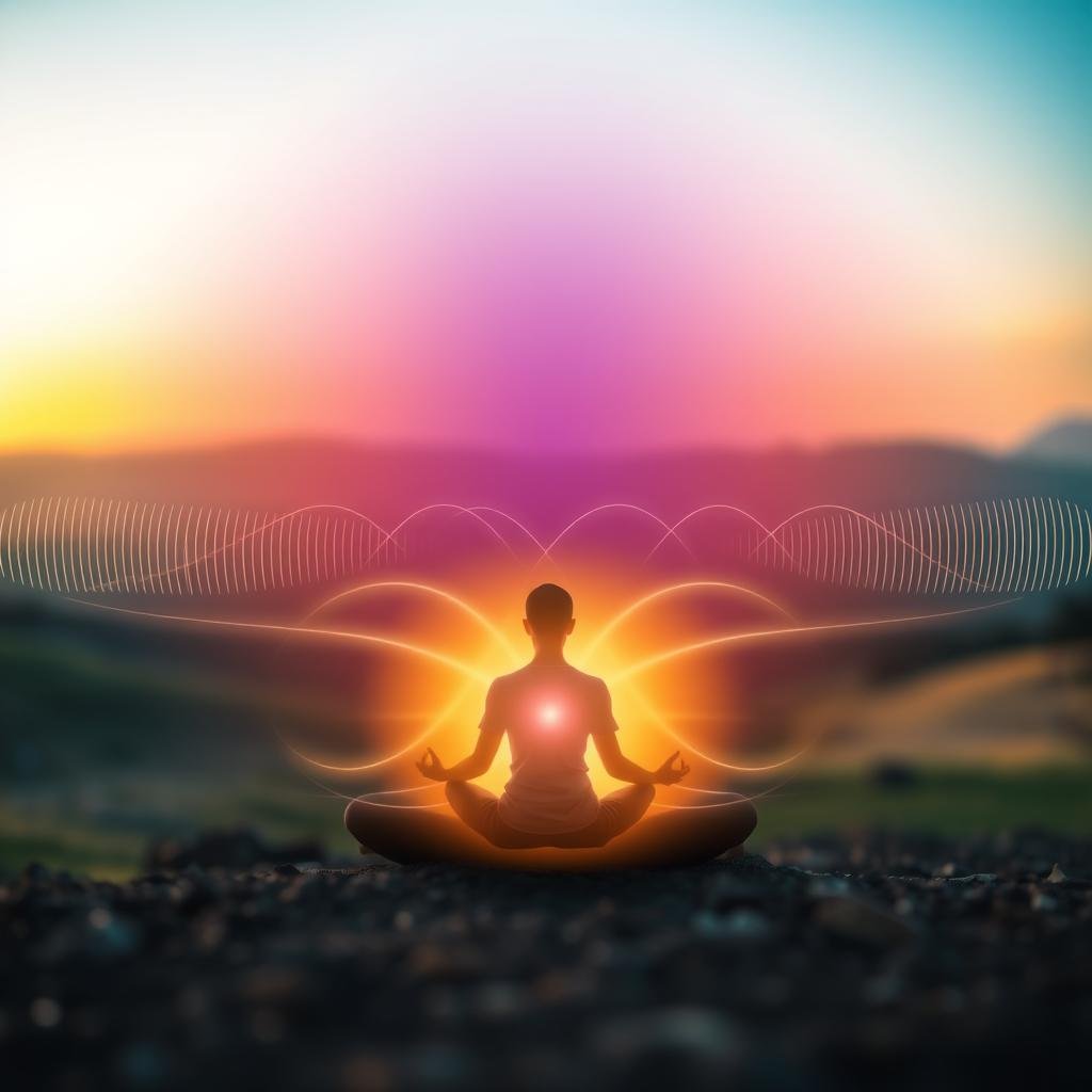 A detailed visualization of the natural ebb and flow of human energy cycles, captured through a soft-focus lens. In the foreground, a serene figure sits in a lotus position, their aura emanating a warm, radiant glow. The middle ground features a series of subtly pulsing energy waves, each representing the different stages of the day - from the vibrant morning surge to the gentle evening descent. The background depicts a tranquil landscape, bathed in a soothing, golden-hour light, symbolizing the harmonious integration of these cyclical rhythms within the natural world.