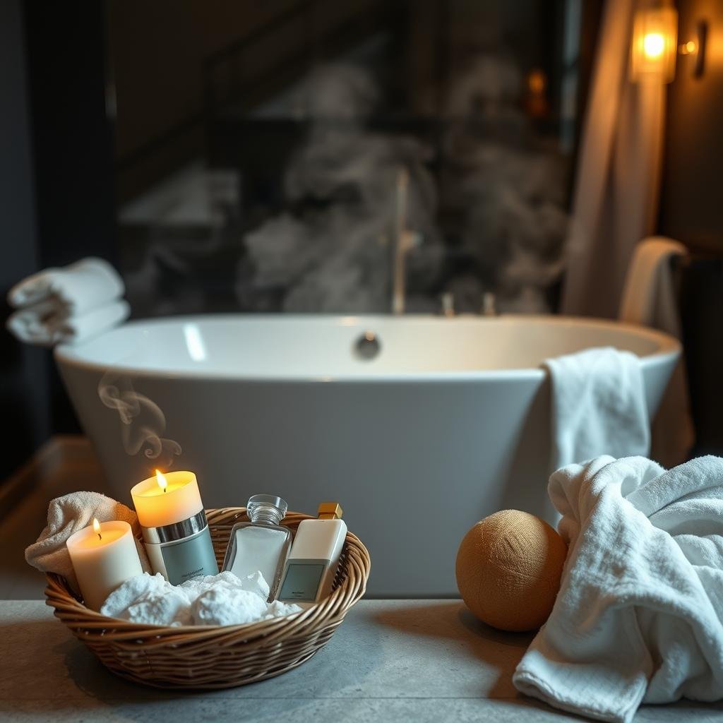 A dimly lit bathroom with a deep, steaming bathtub in the center. Soft, warm lighting casts a tranquil glow, reflecting off the water's surface. Plush white towels and a cozy robe are neatly folded nearby. In the foreground, a basket overflows with scented bath salts, candles, and a loofah. The background is blurred, creating a sense of focus and relaxation. Wisps of steam curl up, creating a soothing, atmospheric haze. The overall scene conveys a calming, indulgent pre-bedtime routine, perfect for unwinding and preparing the body and mind for a restful night's sleep.