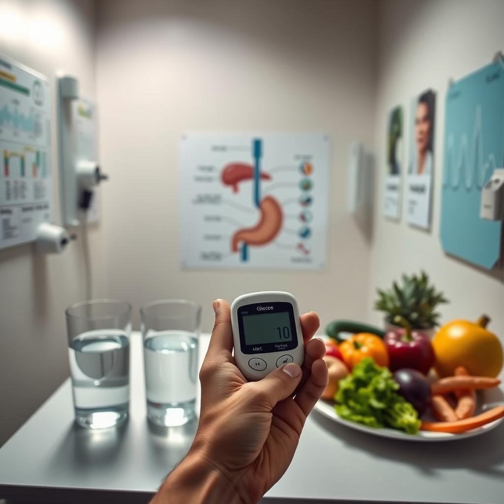 A dimly lit laboratory, the walls lined with medical equipment and charts. In the foreground, a hand holds a glucose monitor, its display showing fluctuating levels. On the desk, a glass of water and a plate of fresh fruits and vegetables, symbols of a healthier lifestyle. In the background, an illustration of the human pancreas and insulin pathways, highlighting the complex relationship between diabetes and metabolism. Soft lighting casts a contemplative mood, as the scene suggests the power of intermittent fasting to manage and even reverse the effects of this chronic condition.