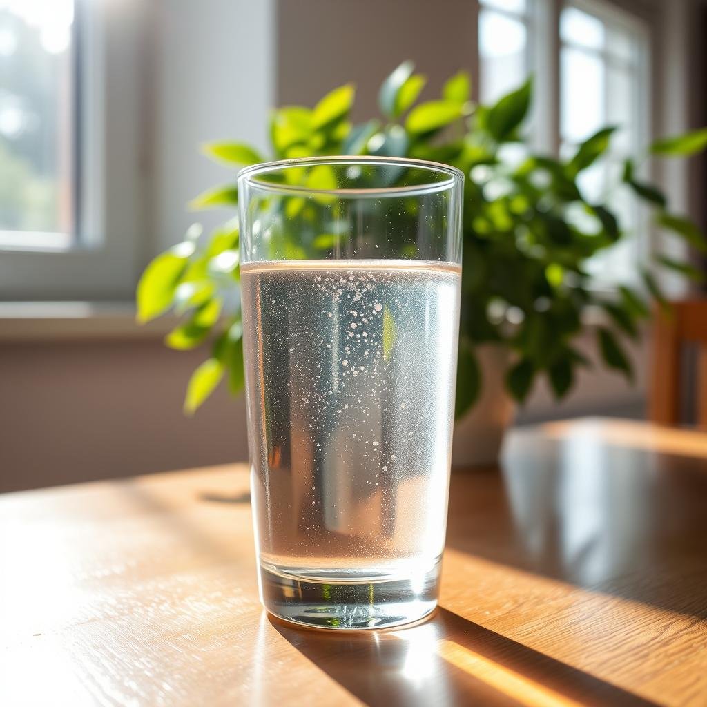 A glass of clear, sparkling water sits on a wooden table, casting a soft reflection. The water level is just below the rim, inviting the viewer to hydrate. Sunlight streams in through a window, creating a warm, natural glow that highlights the glass's transparency. In the background, a lush, green potted plant adds a touch of vitality, complementing the refreshing theme. The scene conveys a sense of simplicity, mindfulness, and the importance of maintaining optimal daily water intake for overall wellness.